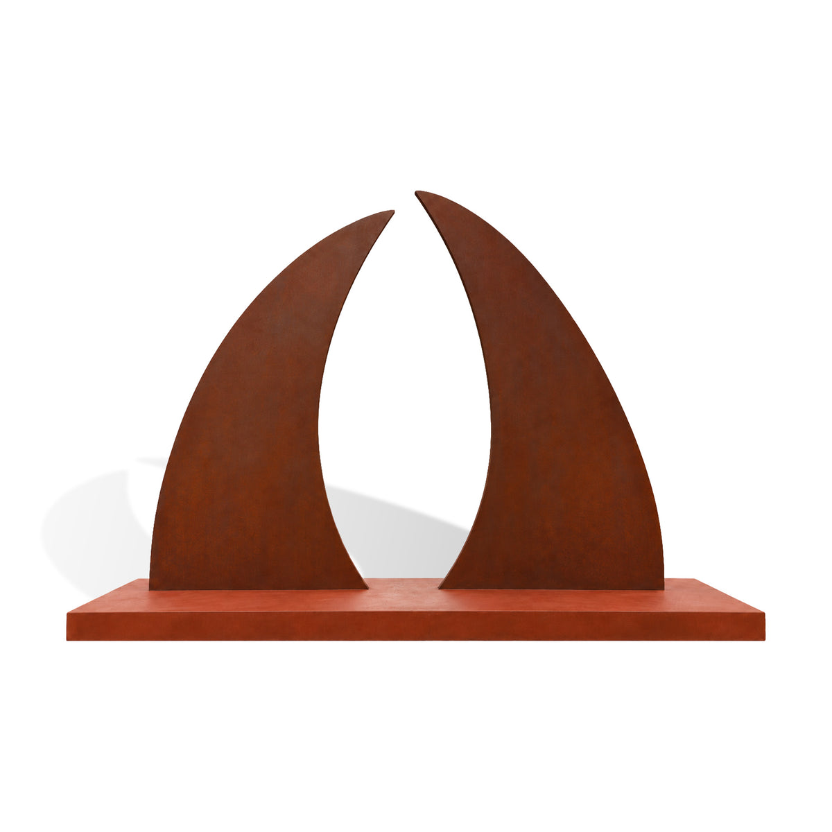 Abstract stainless steel outdoor sculpture featuring two curved red-brown painted metal forms on a rectangular base against a white background