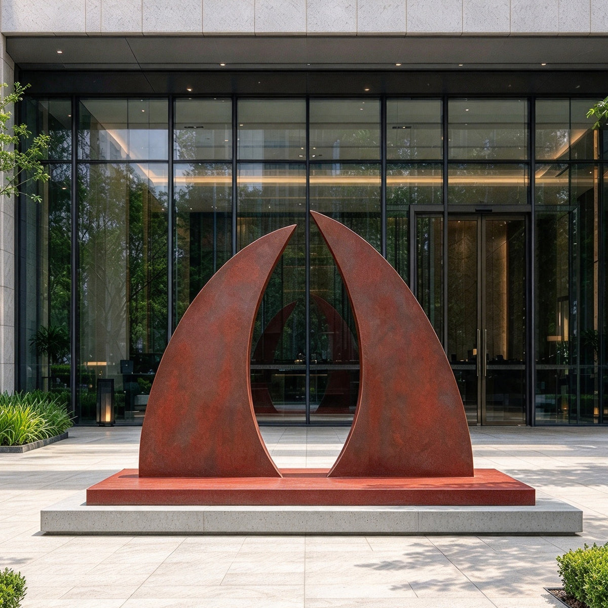 Large abstract stainless steel sculpture with curved red-brown painted forms displayed outside a modern glass building