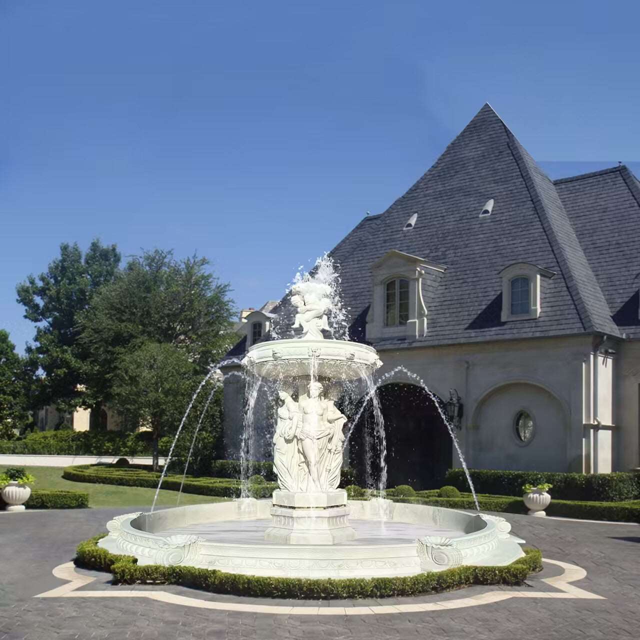 magnificent white marble fountain for outdoor with staues on the top and below