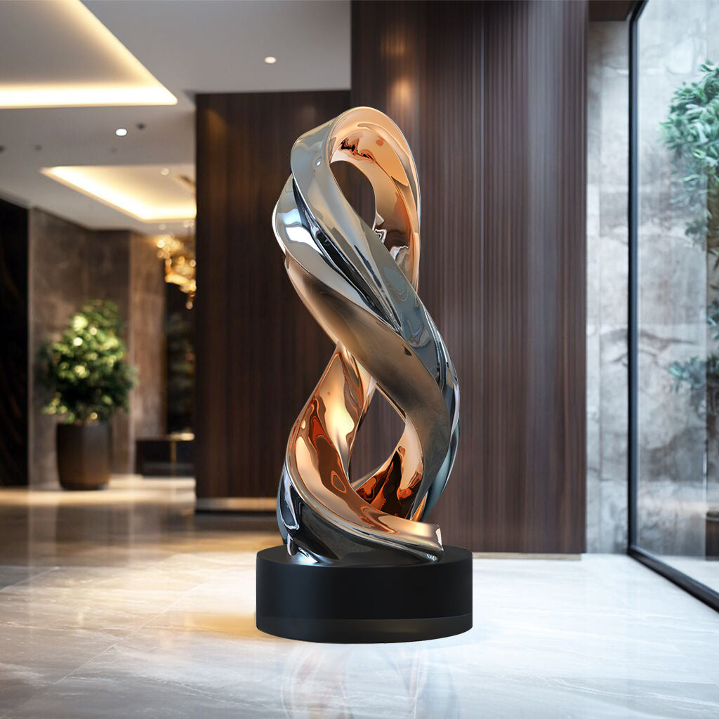 Modern Dual-Tone Abstract Stainless Steel Sculpture placing in a lobby