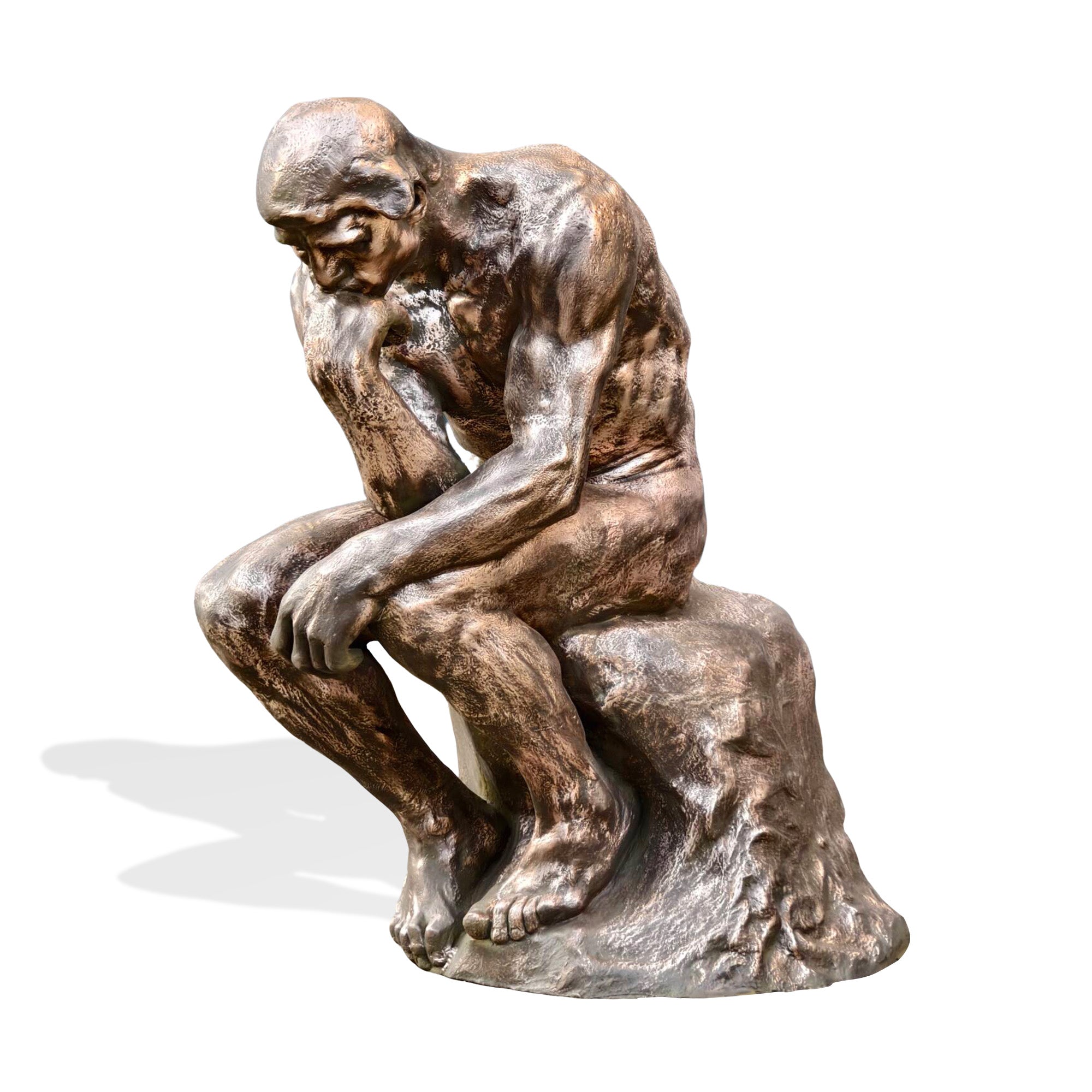Front view of The Thinker bronze sculpture replica in Rodin style, museum-inspired seated nude figure on rock base.