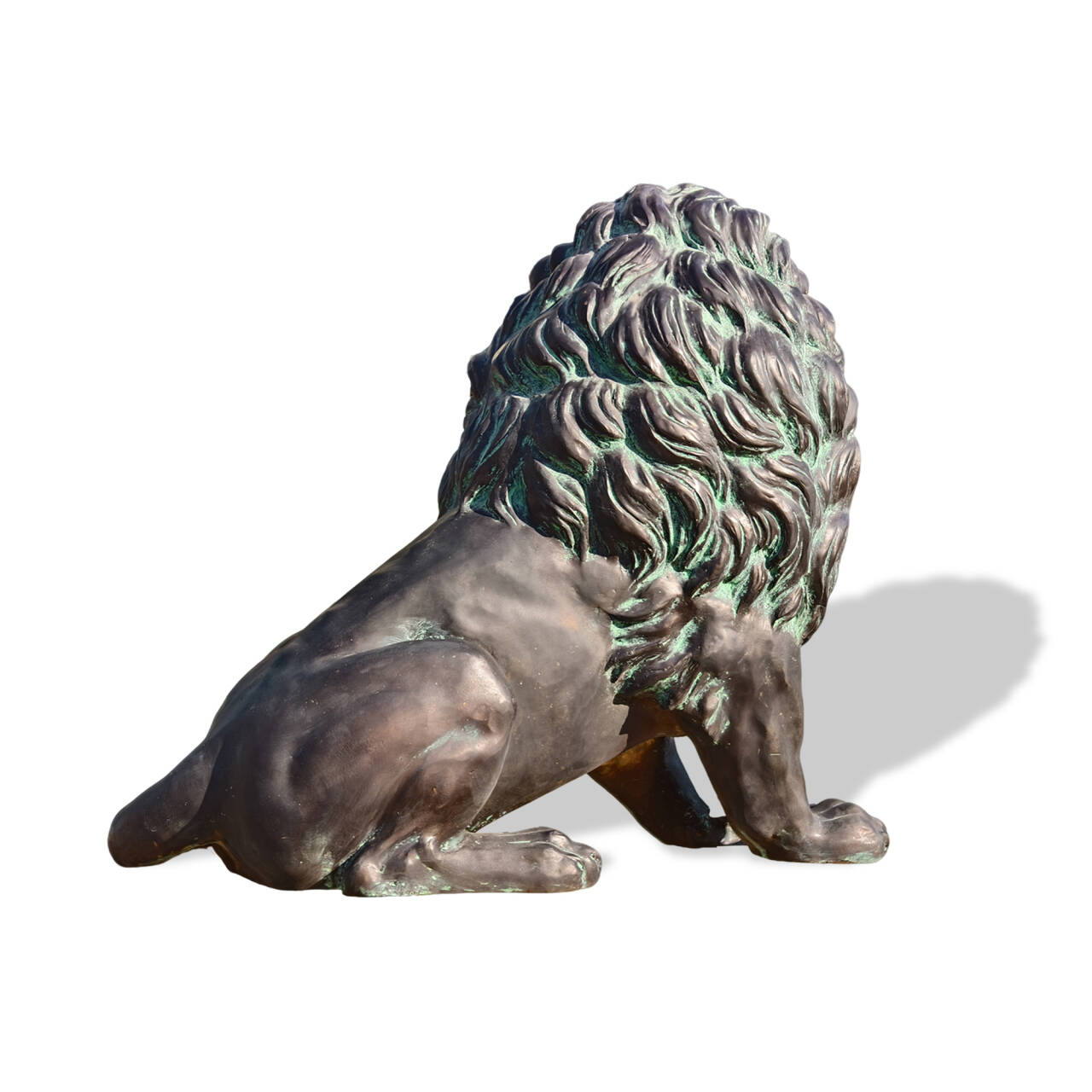 Back view of a bronze lion sculpture highlighting the texture and detailed fur design.