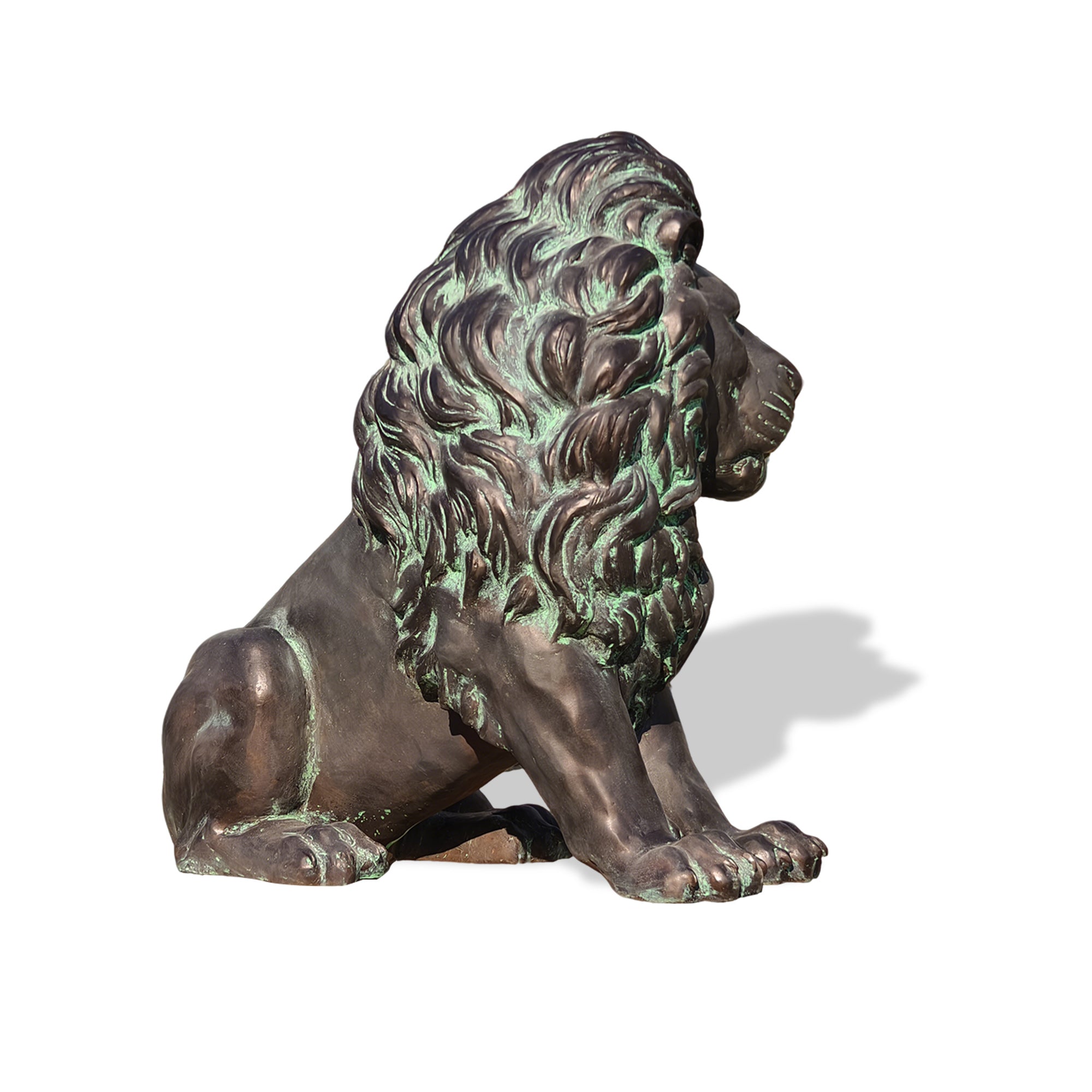 Patinated bronze lion sculpture perfect for decorative outdoor or indoor settings.