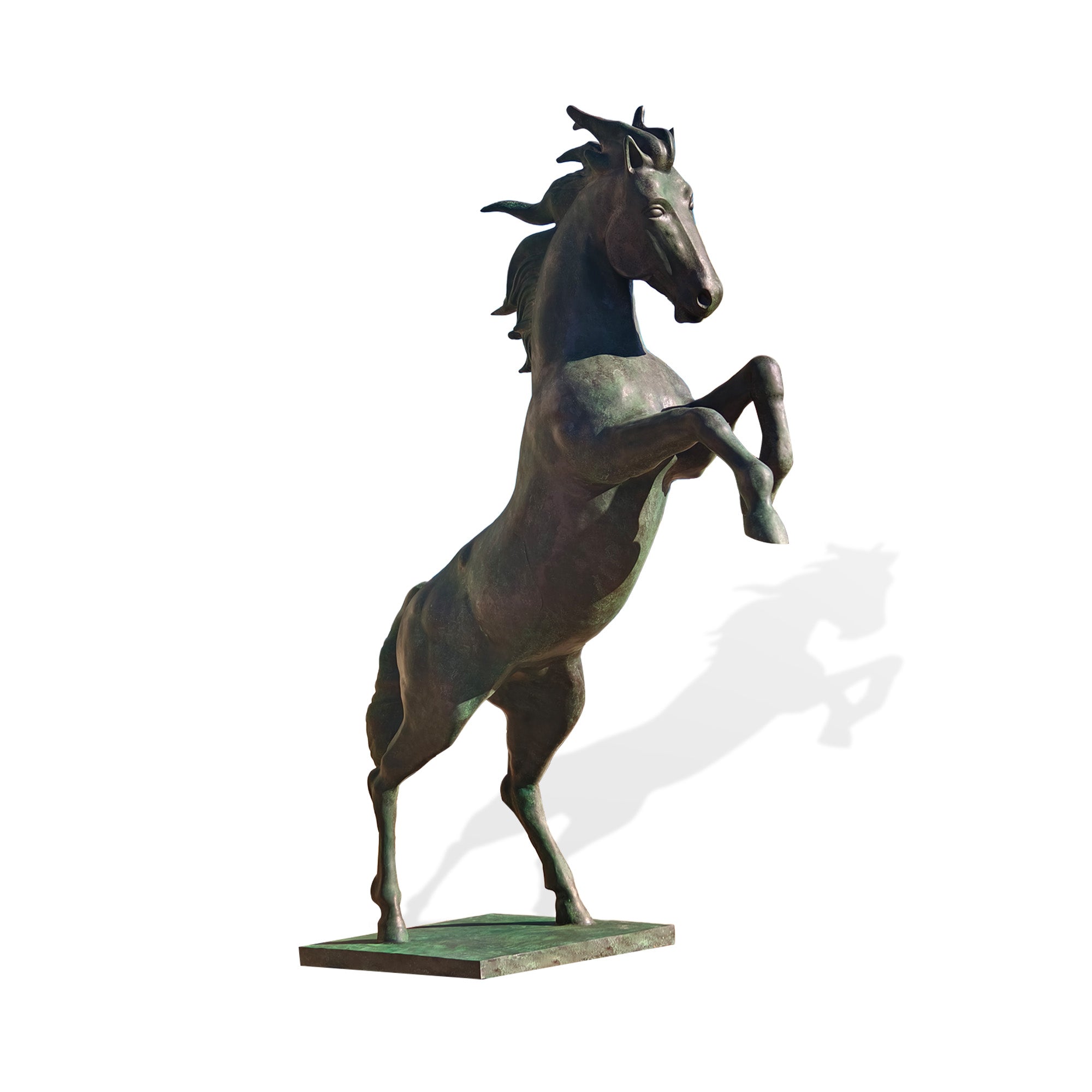 Front angled view of rearing horse bronze patina sculpture, classic equestrian statue on base for luxury outdoor landscaping and plazas.