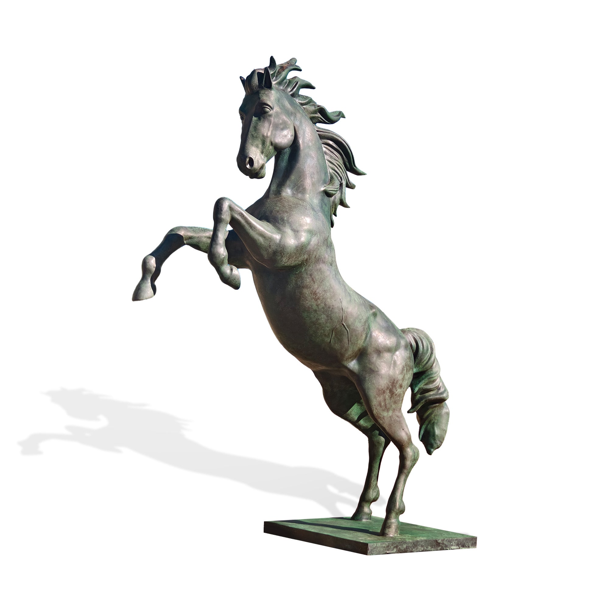 Front view of rearing horse bronze patina statue, large equine bronze sculpture for outdoor display, white background product photo.