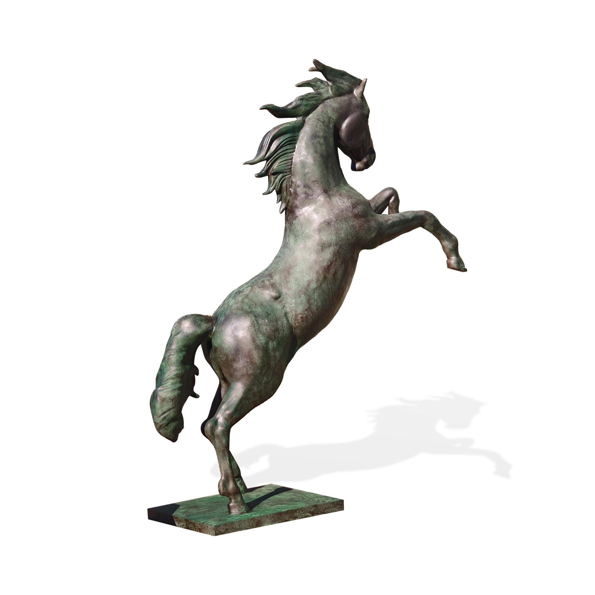 Rear angled view of rearing horse bronze patina statue, dynamic equine sculpture for outdoor garden, estate entrance, or public art.