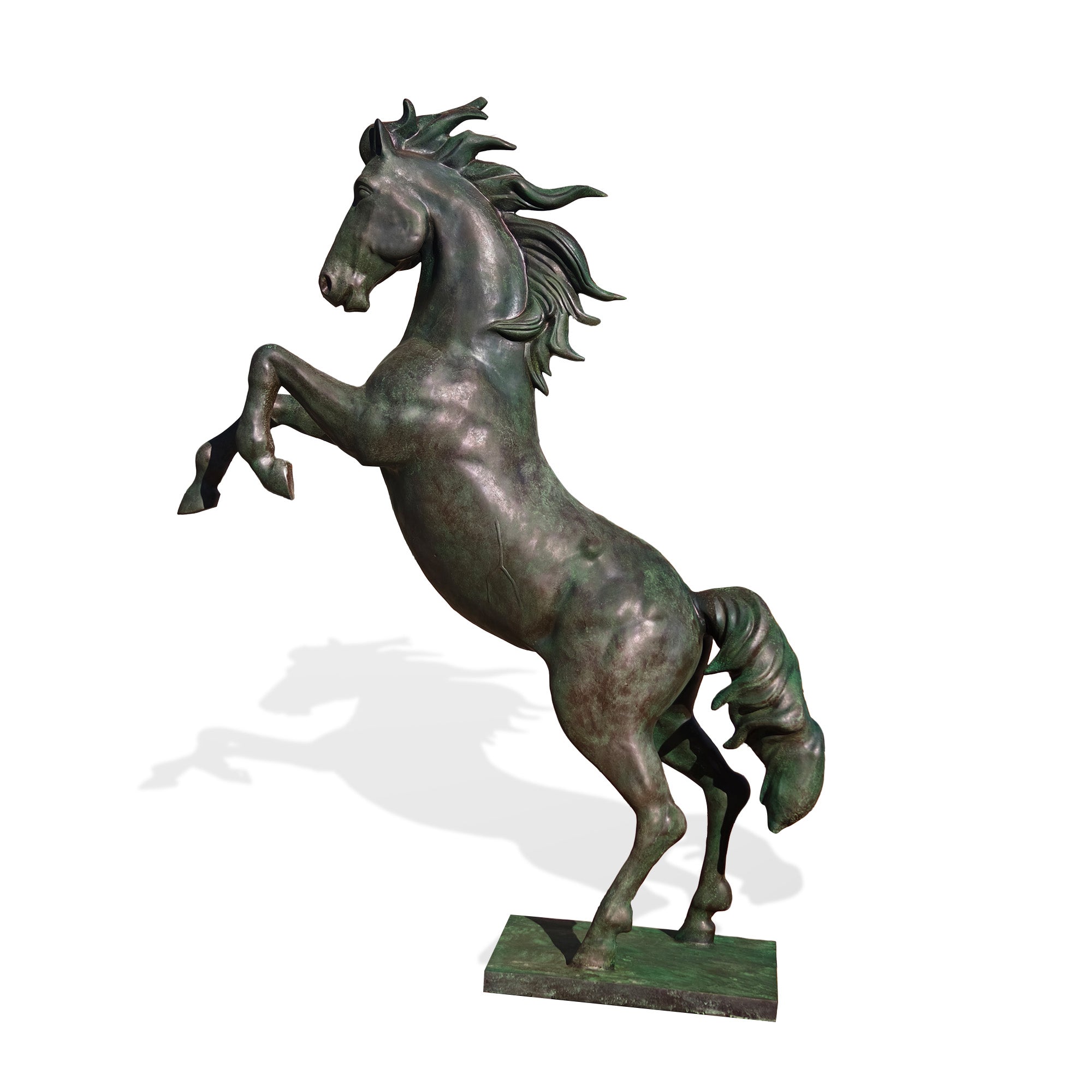 Side profile of rearing horse bronze patina statue, handcrafted equine sculpture on base, ideal for gardens, courtyards, and entryways.