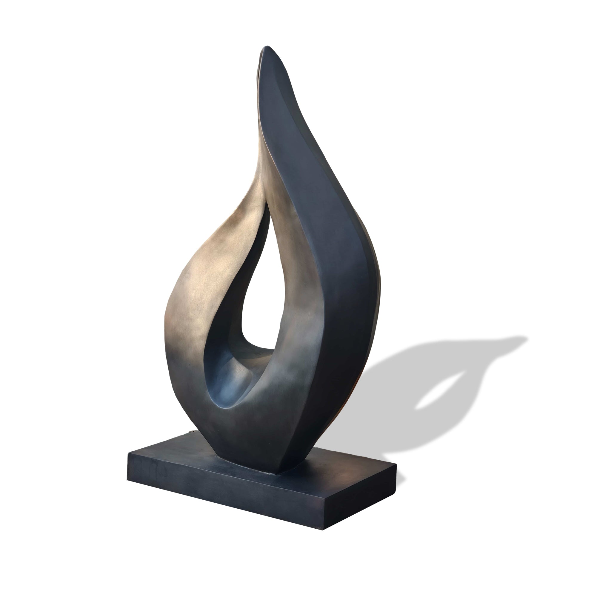 Elegant outdoor bronze sculpture with flowing, abstract curves, mounted on a sleek base, perfect for modern outdoor spaces.