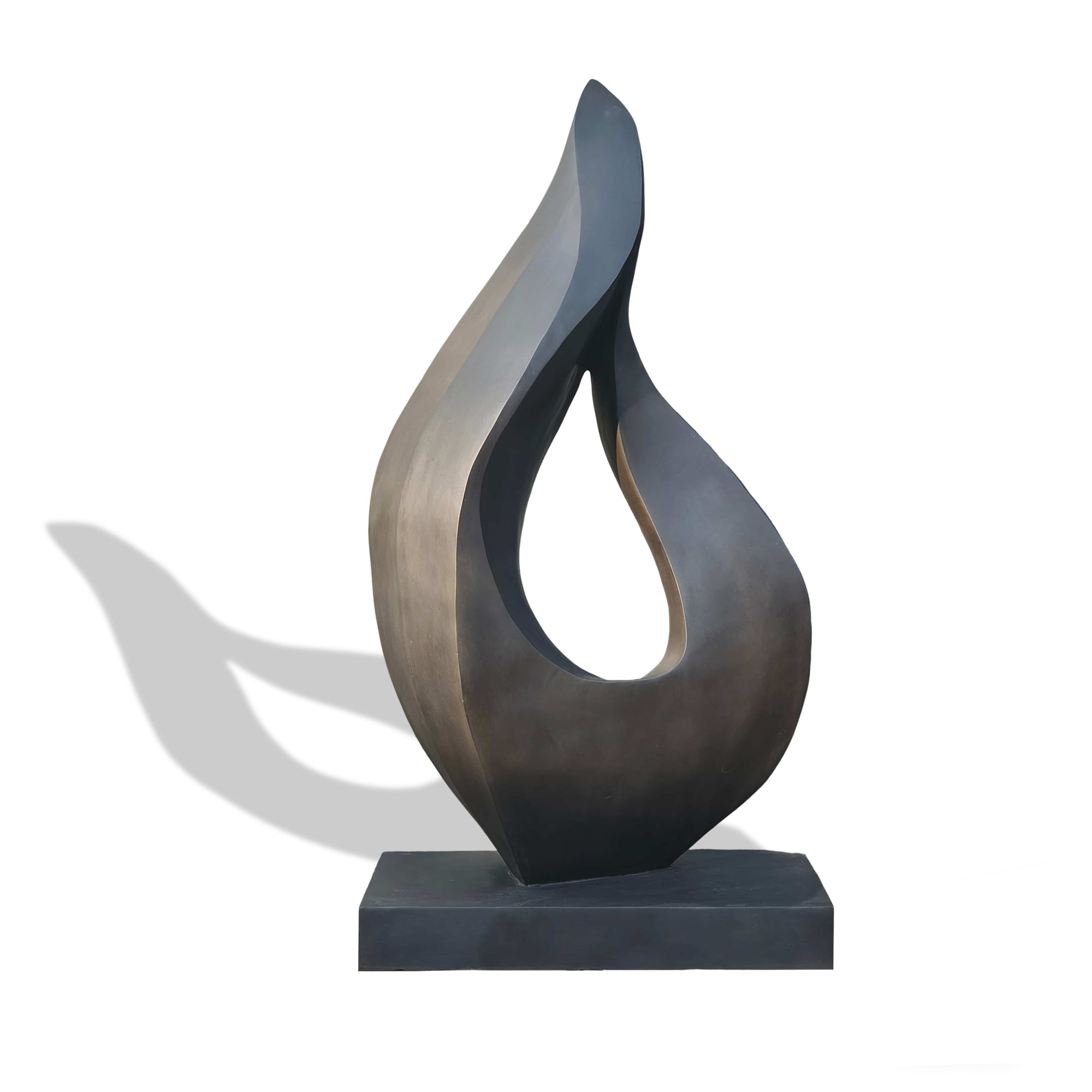 Bold and modern bronze sculpture featuring abstract, dynamic curves, designed for outdoor gardens or public art installations.