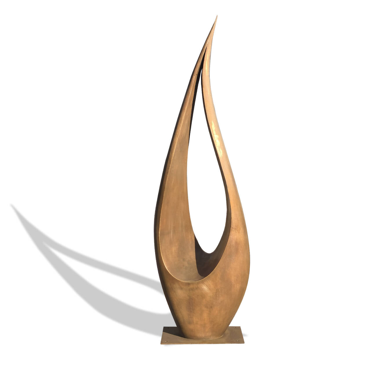 Sleek and elegant bronze abstract sculpture with sharp curves, representing a flame, on a white background.