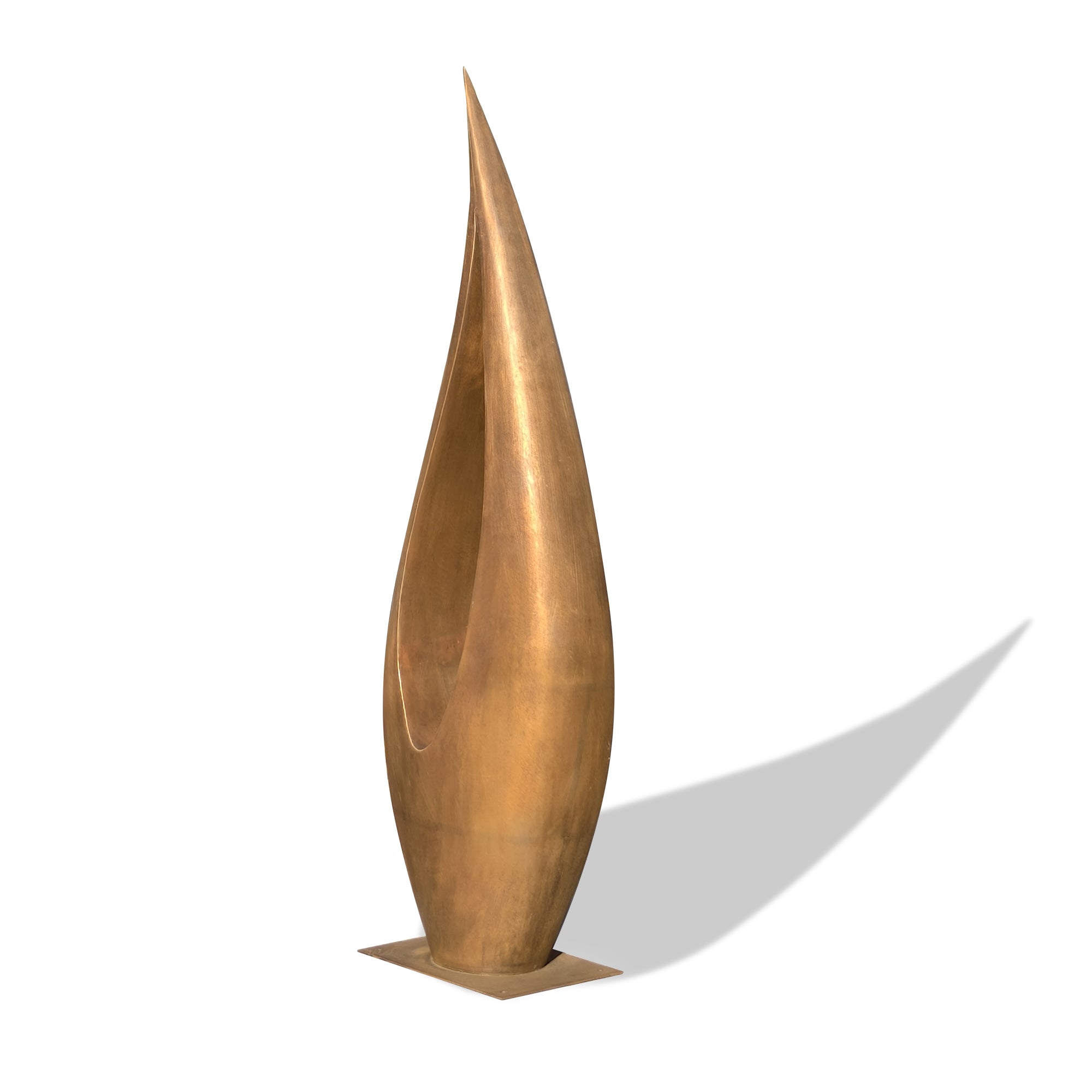 A flame-inspired bronze sculpture with elongated curves, designed to evoke a sense of movement and flame, on a white background.