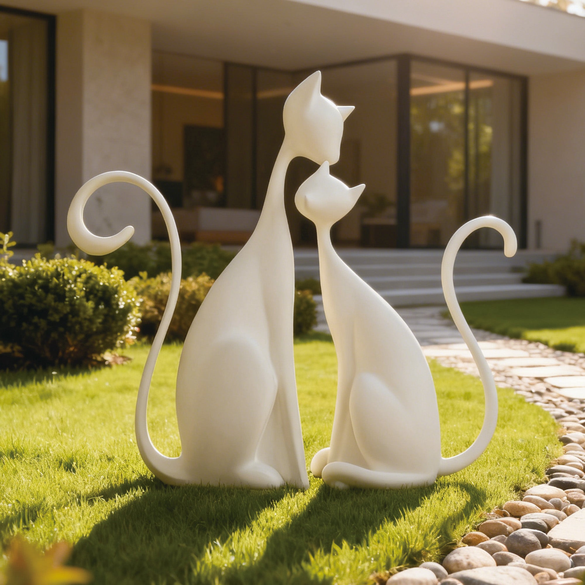 Outdoor “Soulmate Cats” modern sculpture on green lawn romantic abstract cat couple statue for garden art and wedding gift decoration.