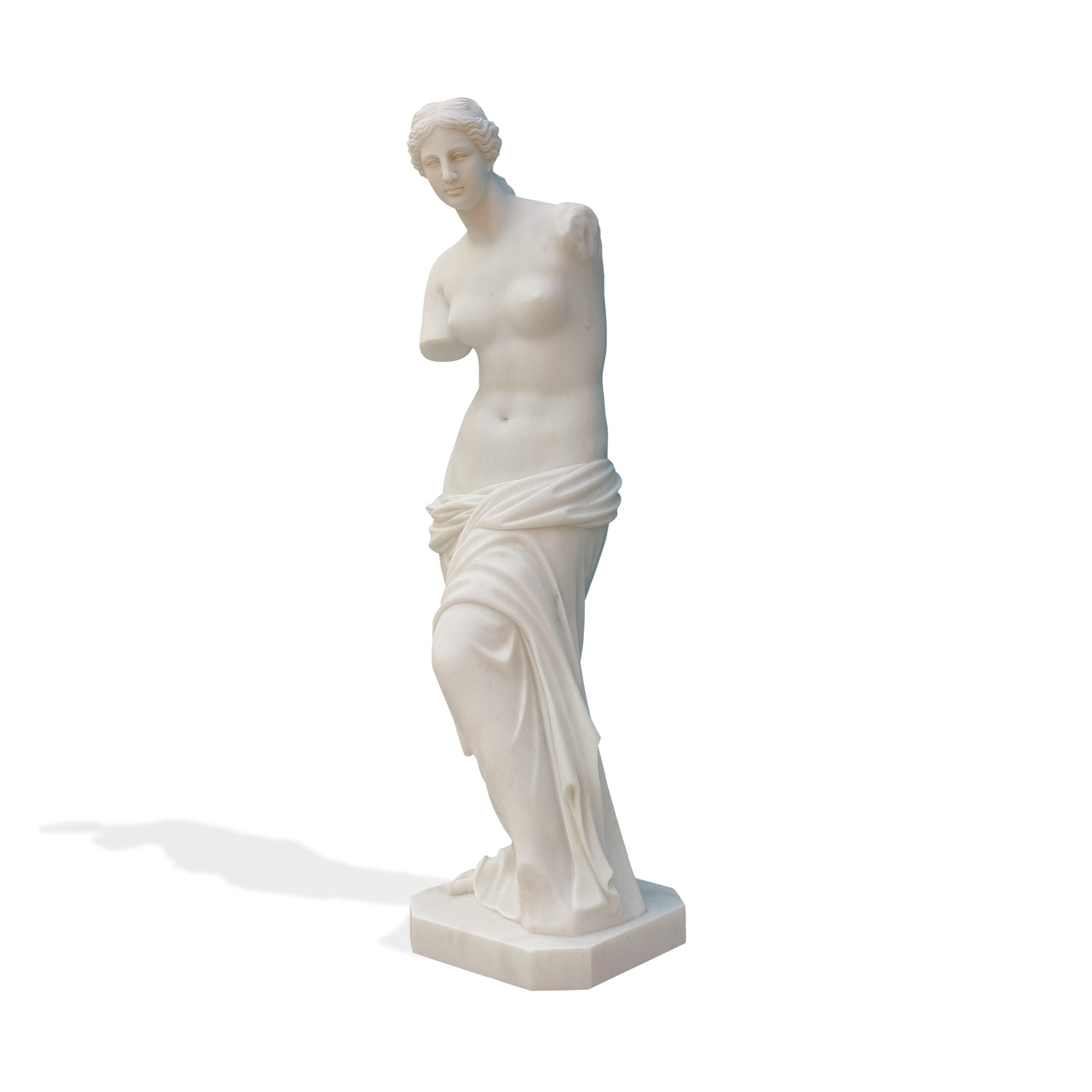 Front angled view of marble Venus de Milo statue replica, armless classical Greek goddess sculpture with draped robe for luxury decor.