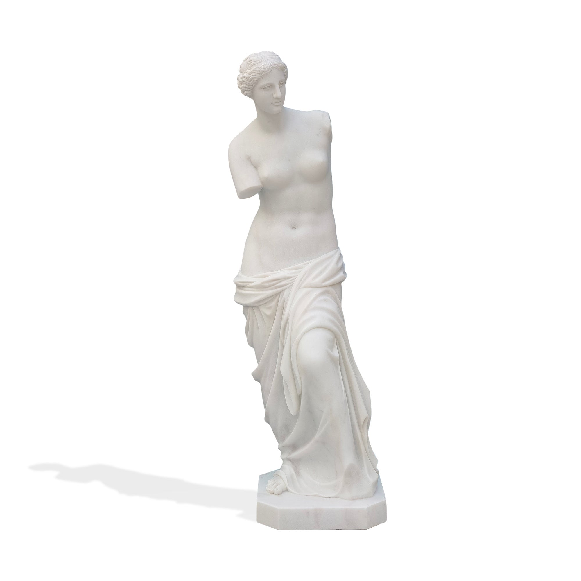 Front view of marble Venus de Milo replica, iconic armless classical statue with flowing drapery, museum-style sculpture for interiors.