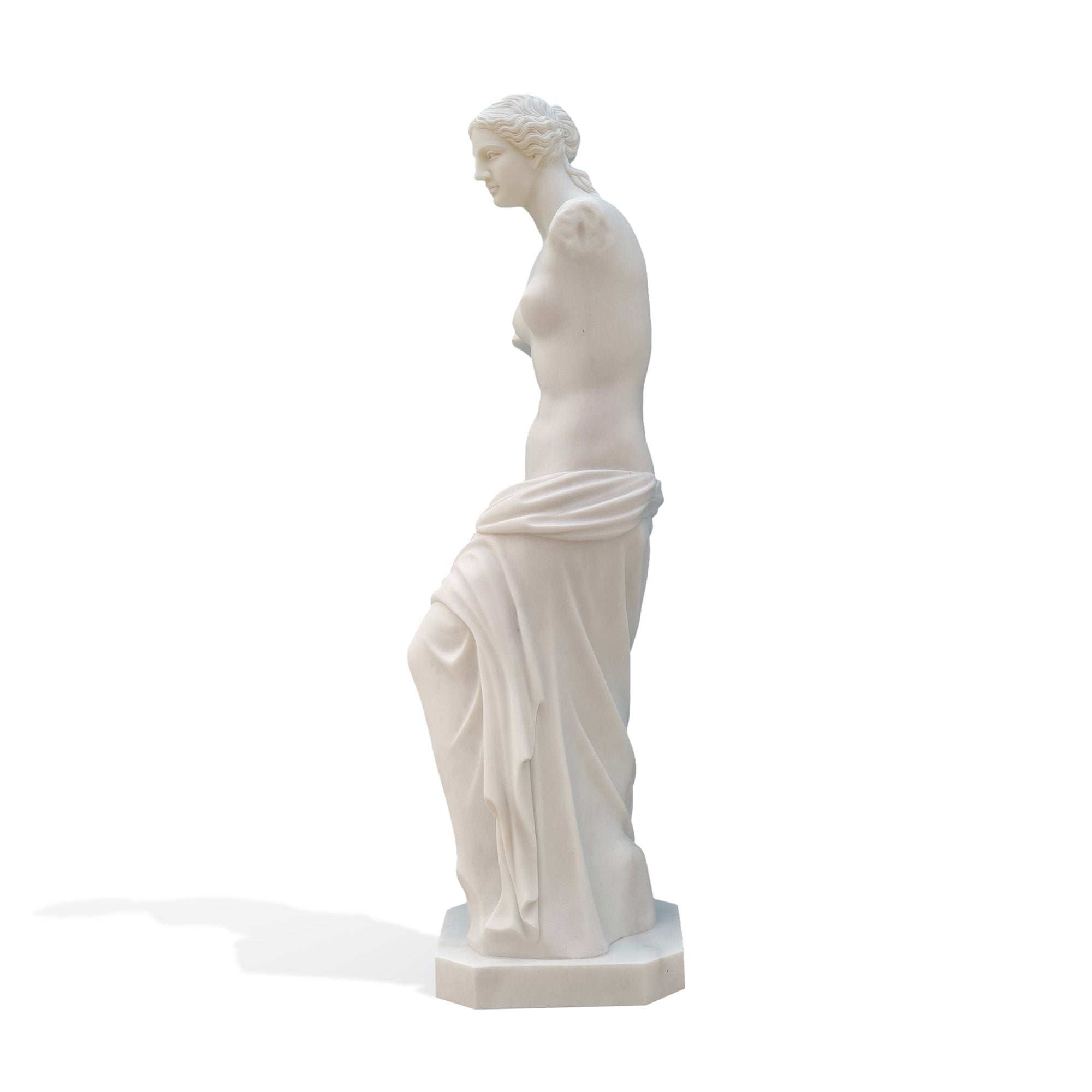 Side profile of marble Venus de Milo replica, classical armless goddess sculpture with elegant silhouette and draped robe for home or garden display.