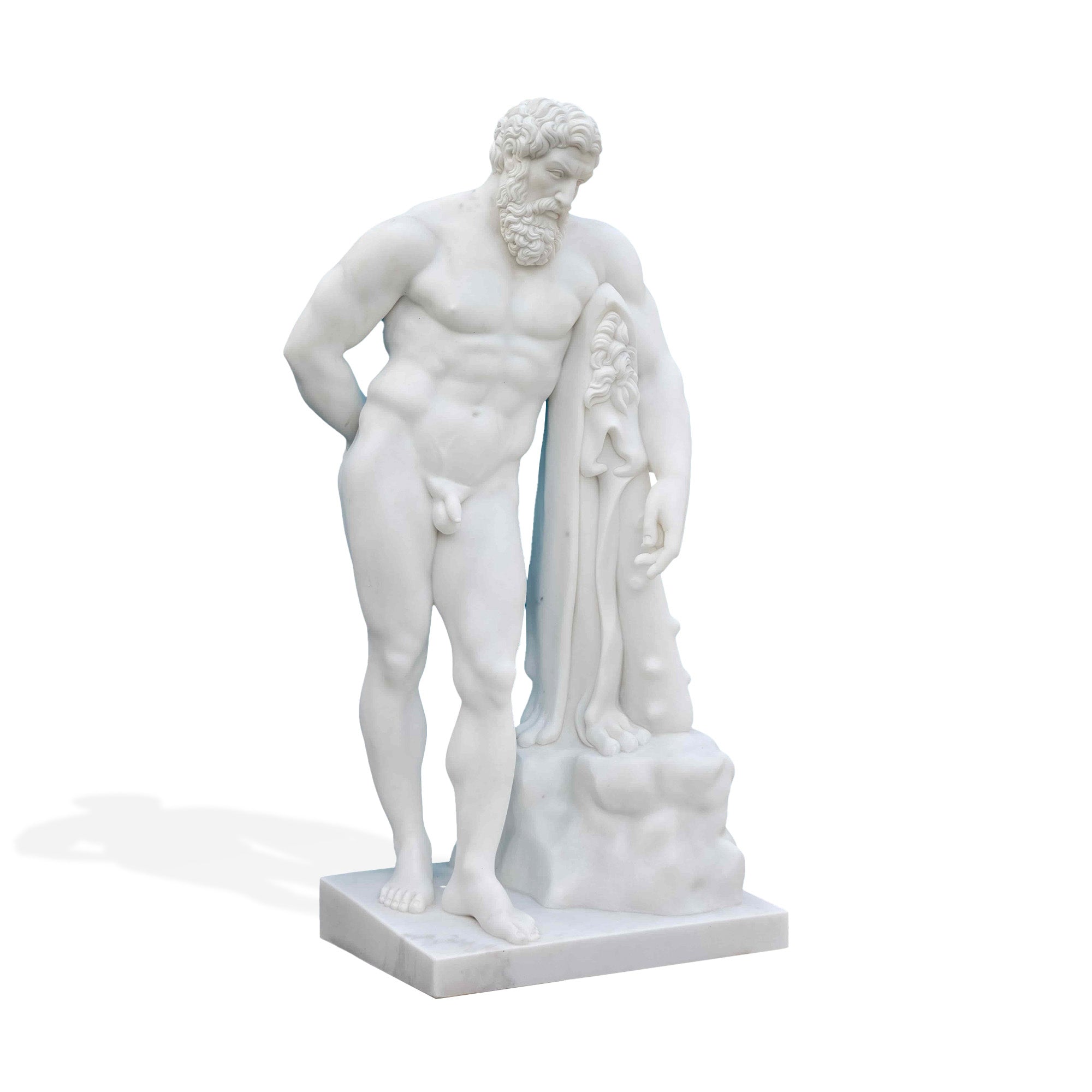 Front angled view of marble Hercules statue replica, muscular bearded male figure leaning on draped support, classical decor sculpture.