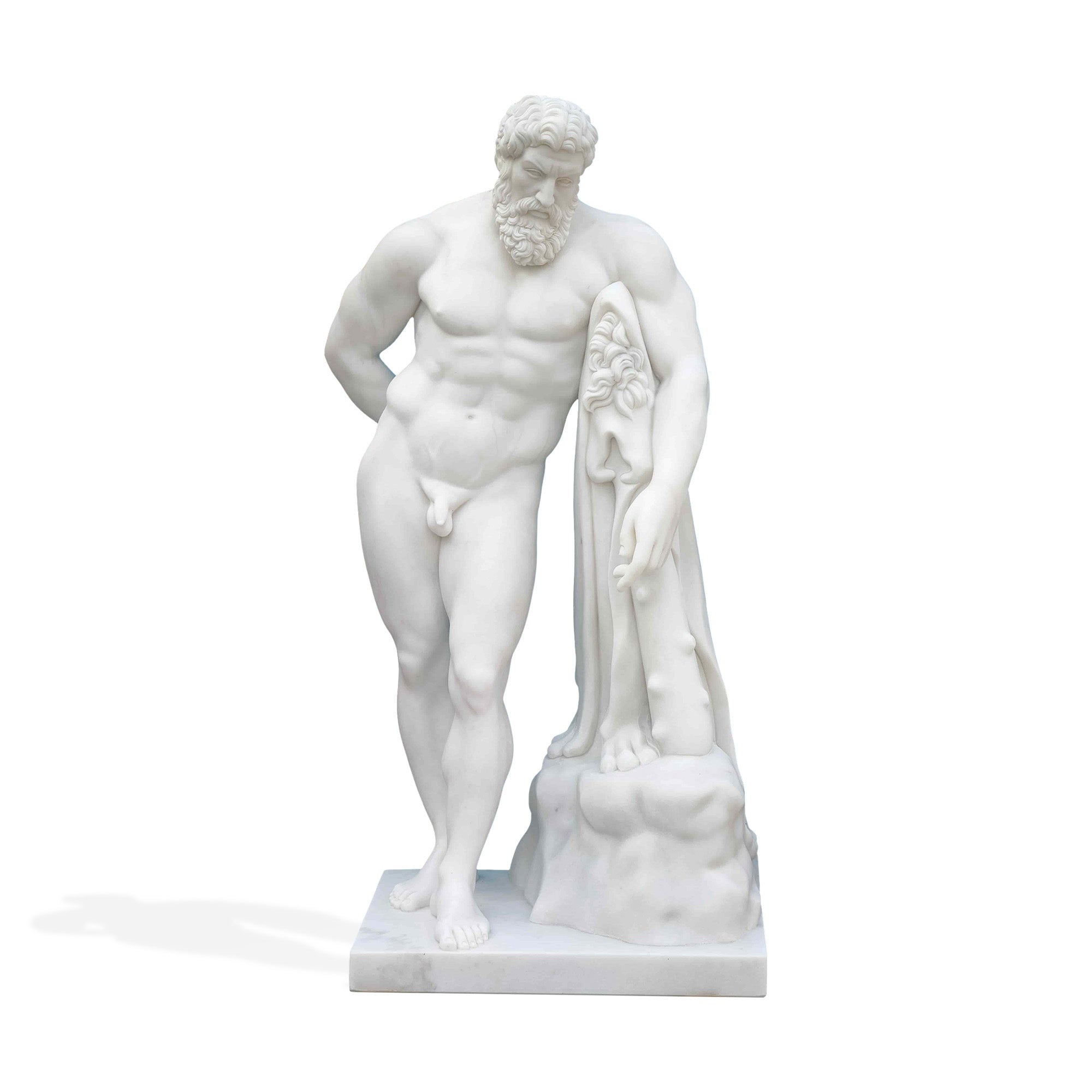 Front view of marble Hercules statue replica, classical Greek hero sculpture with detailed anatomy and beard, luxury indoor or outdoor display.