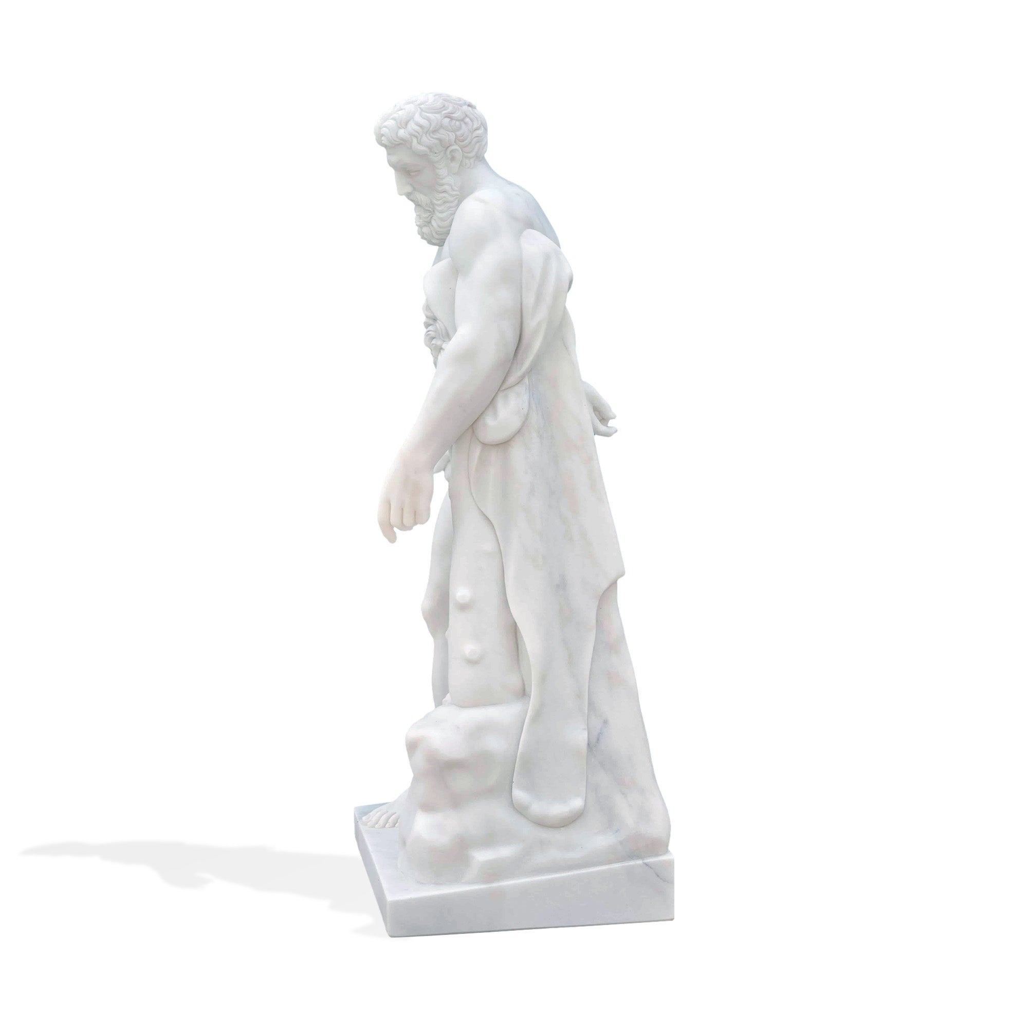 Side angled view of marble Hercules statue replica with draped cloak, classical Greek strongman figure sculpture on square base.