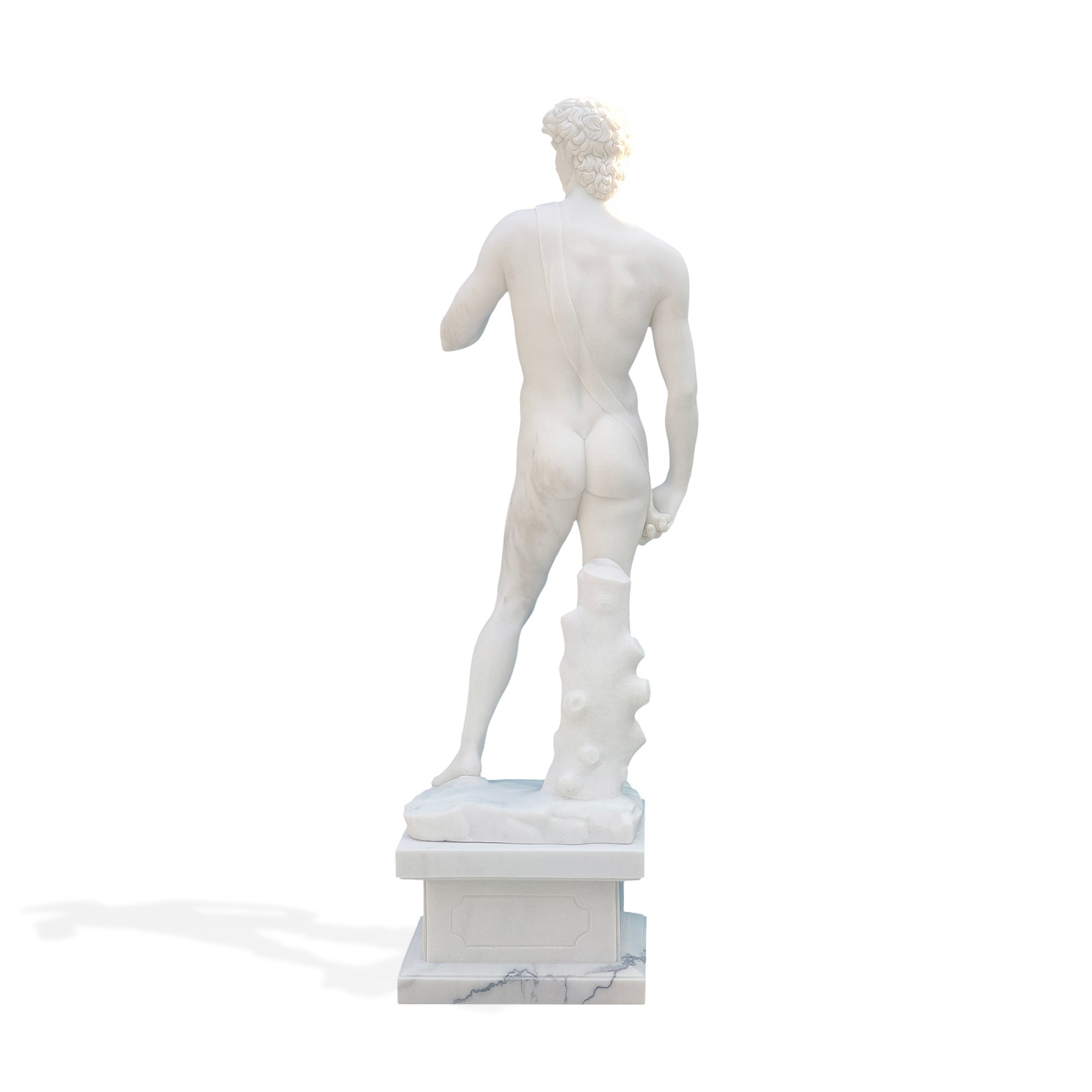 Back view of marble David statue replica on pedestal, showcasing sculpted back and leg details, museum-inspired classical decor sculpture.