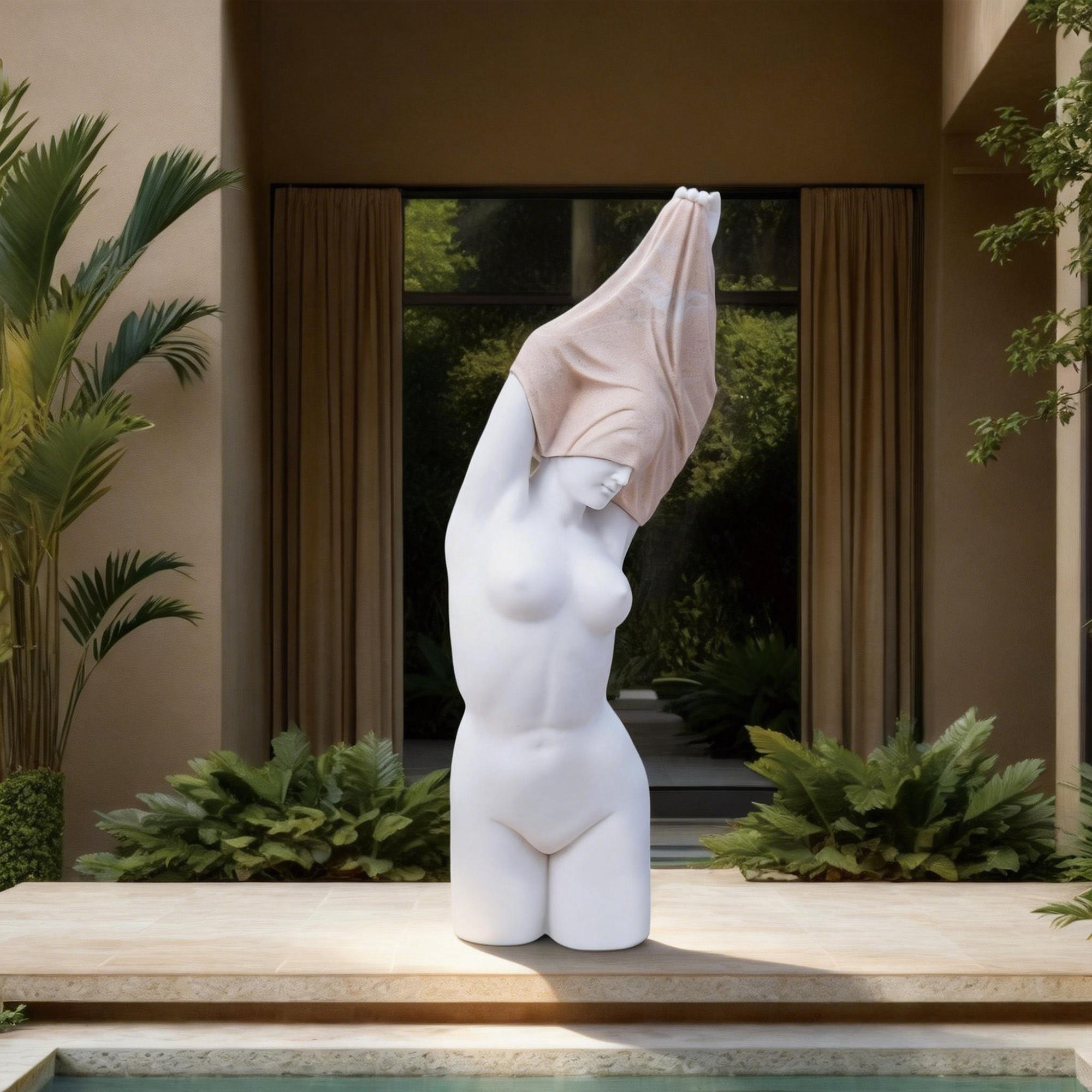 White marble nude female torso sculpture with arms raised and fabric draped over the head, displayed on an outdoor patio with greenery.