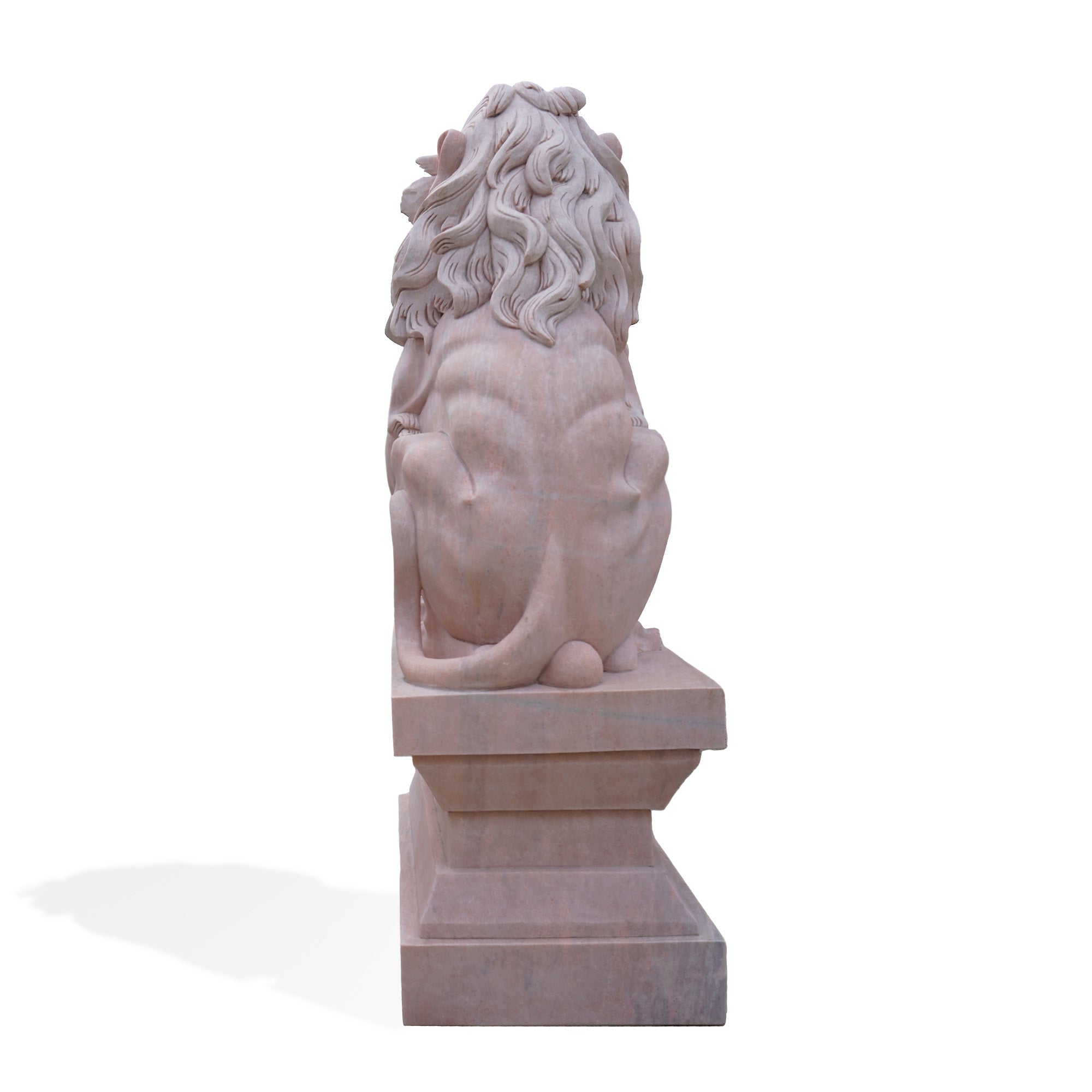 Bxck view of a marble lion sculpture, highlighting the fine craftsmanship and detailed mane, an elegant addition to luxury gardens, classical outdoor statues, and villa entrances.