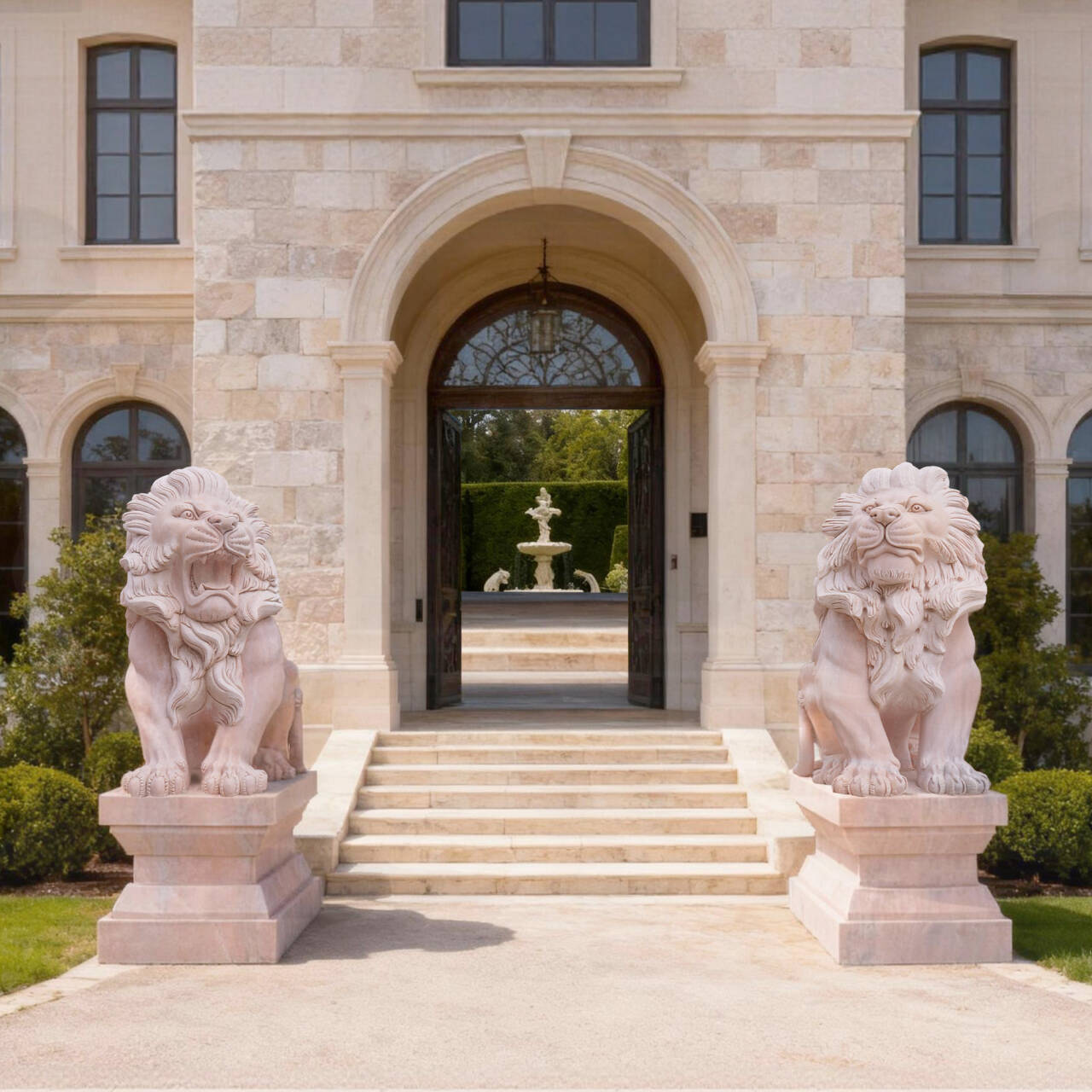 Marble lion sculptures placed at a grand entrance, symbolizing strength and protection, ideal for luxury estate entrances, outdoor landscape sculpture, and classic garden ornaments.