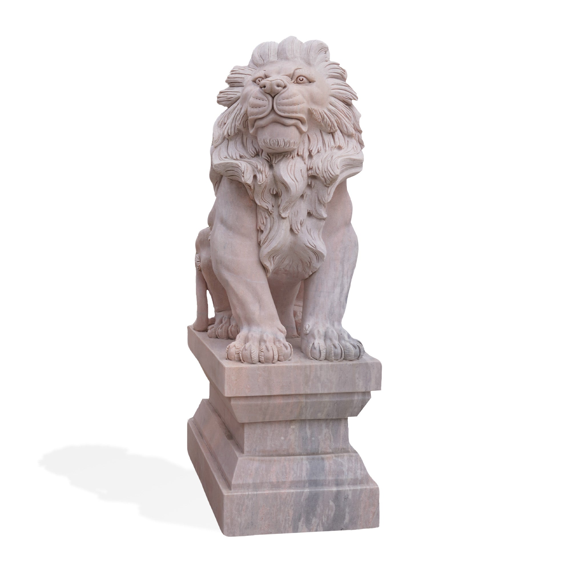 Front view of a stunning marble lion sculpture, showcasing detailed facial expression and posture, perfect for garden art, royal estate decoration, and outdoor artistry.