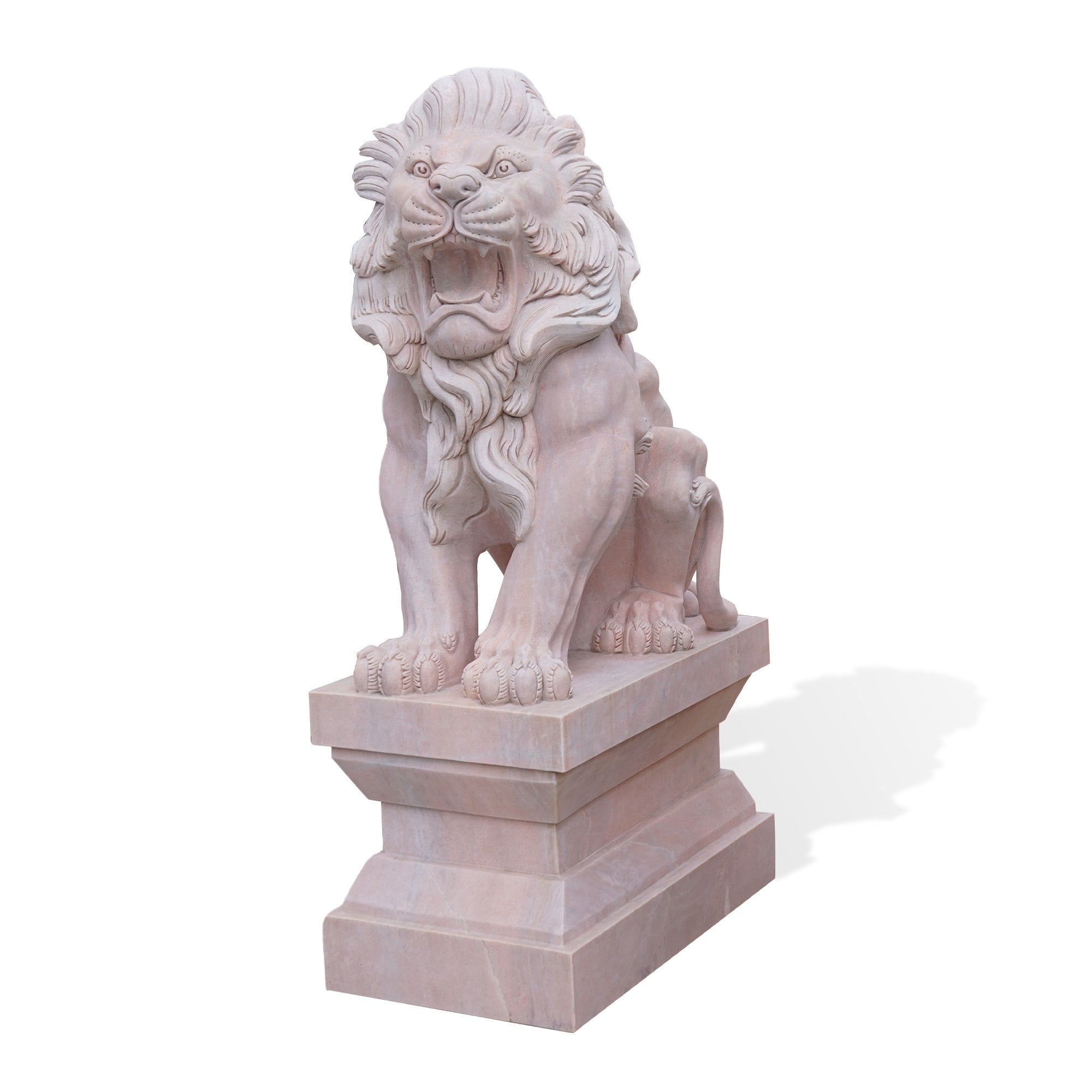 Marble lion sculpture with a roaring expression, representing strength and power, perfect as a guardian sculpture for luxury properties, outdoor guardians, and monumental garden statues.