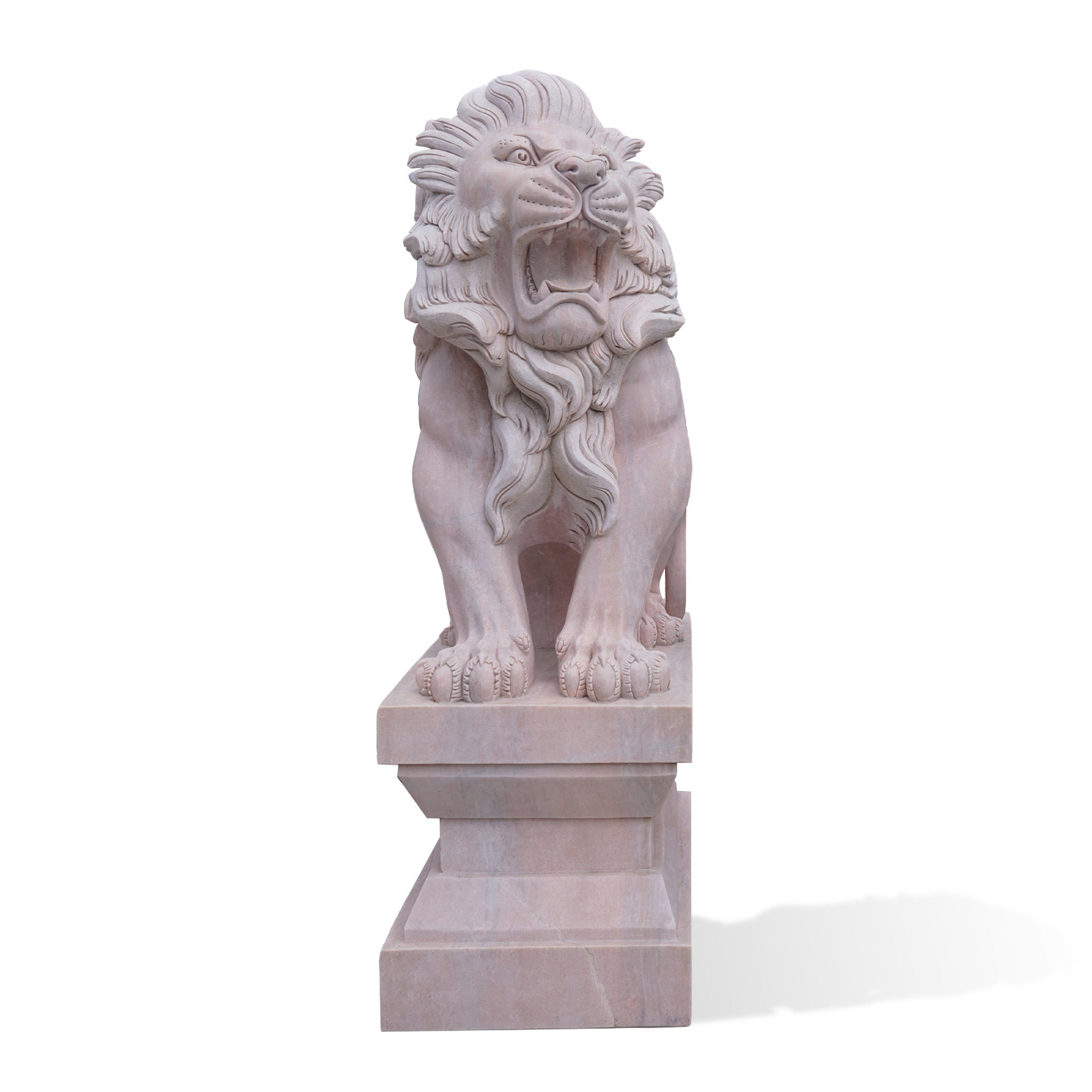 Marble lion sculpture with a roaring expression, representing strength and power, perfect as a guardian sculpture for luxury properties, outdoor guardians, and monumental garden statues.