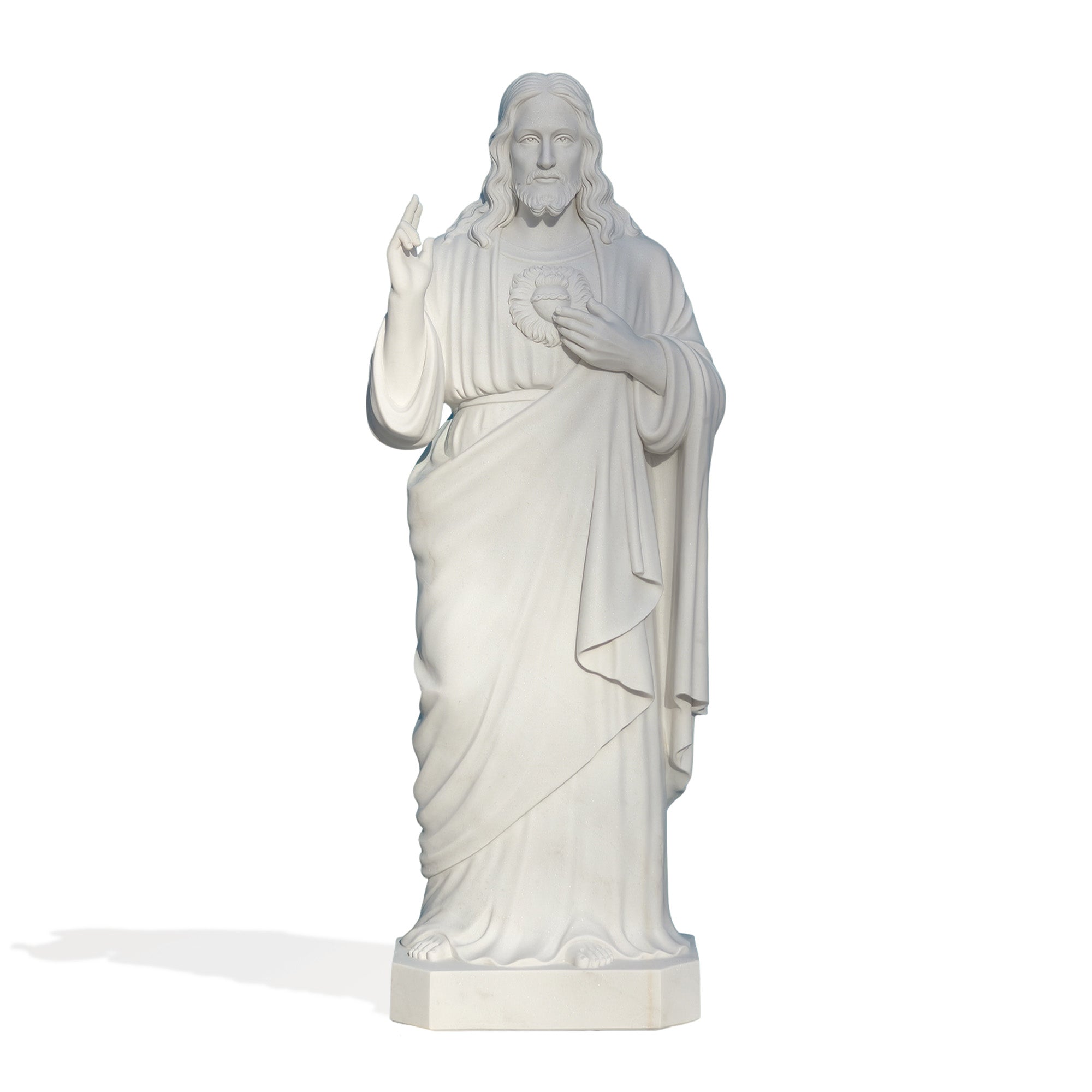 Full view of the Sacred Heart of Jesus marble statue, showcasing the serene and reverent expression. Ideal for religious spaces and garden installations.