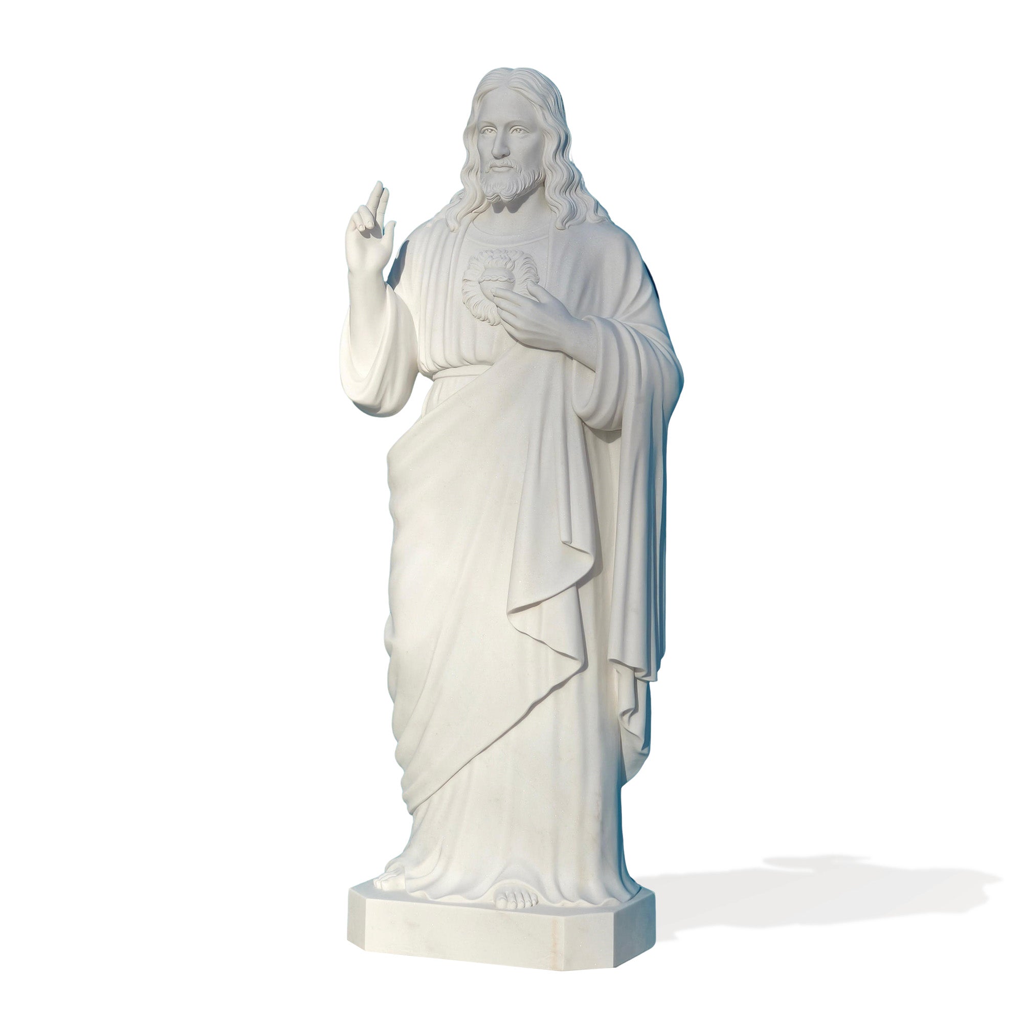 Front view of the Sacred Heart of Jesus marble statue with Jesus extending his hand in blessing, a timeless religious piece for home or church decor.