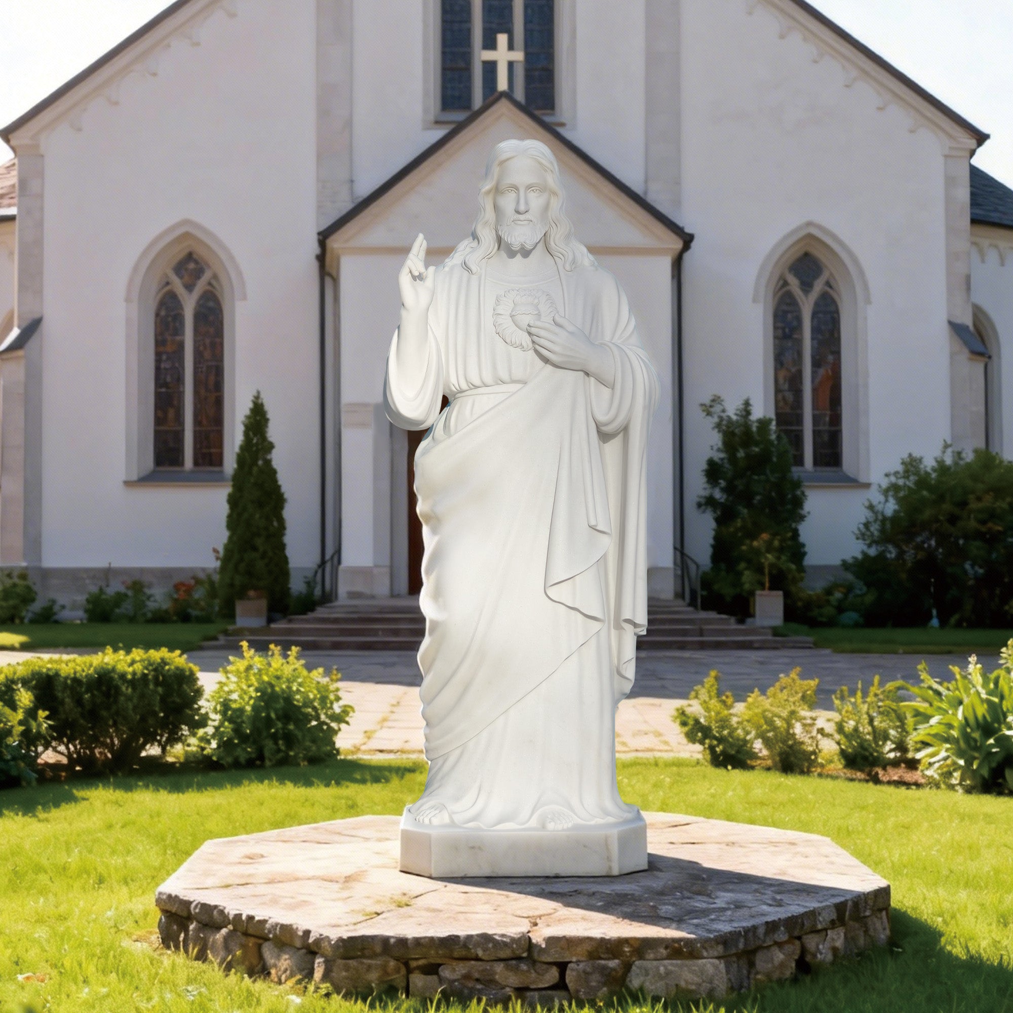 The Sacred Heart of Jesus marble statue placed in a serene garden setting, enhancing the spiritual ambiance of outdoor religious landscapes. Ideal for garden statues.