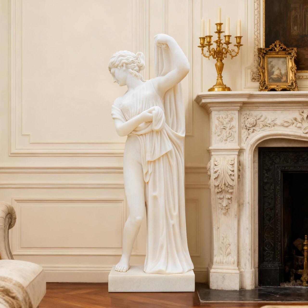 Classical marble bathing woman statue displayed beside a fireplace elegant indoor decor sculpture