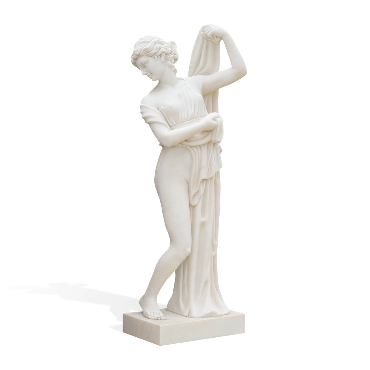Neoclassical bathing woman statue full height on base museum style marble decor sculpture