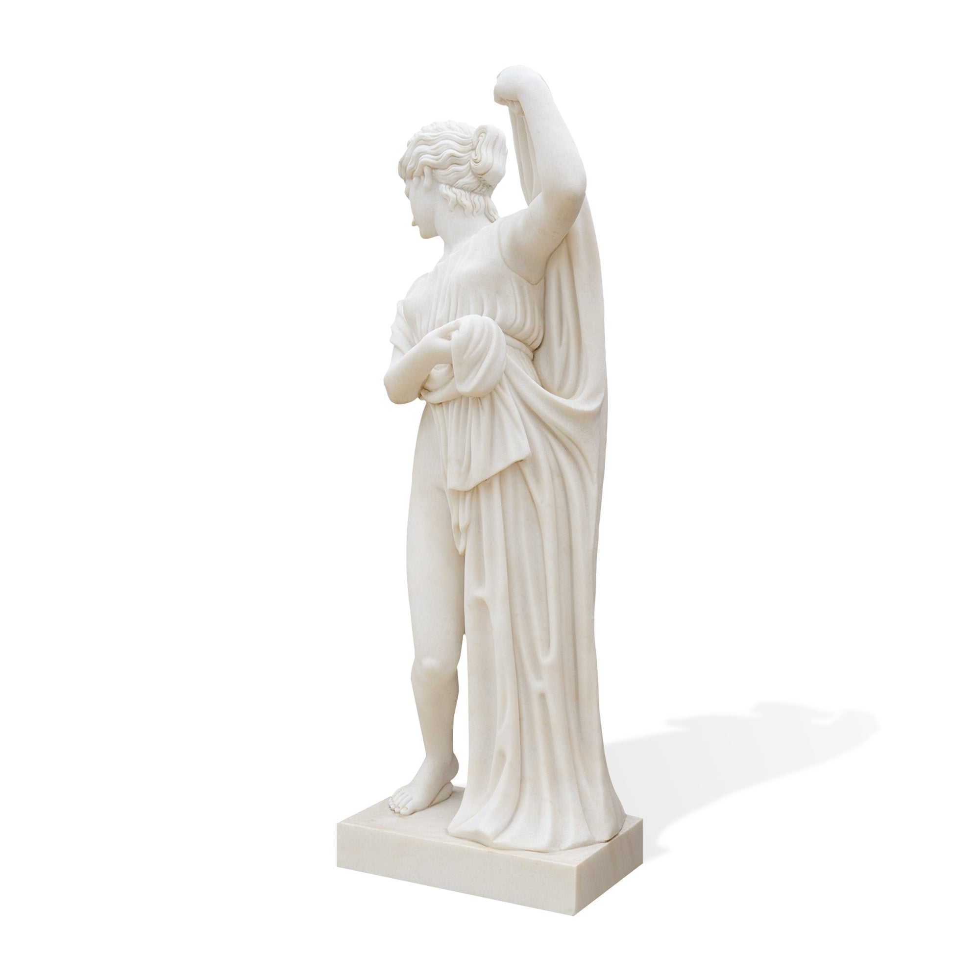 Classical marble bathing woman statue front view with raised arm and flowing garment indoor decor piece