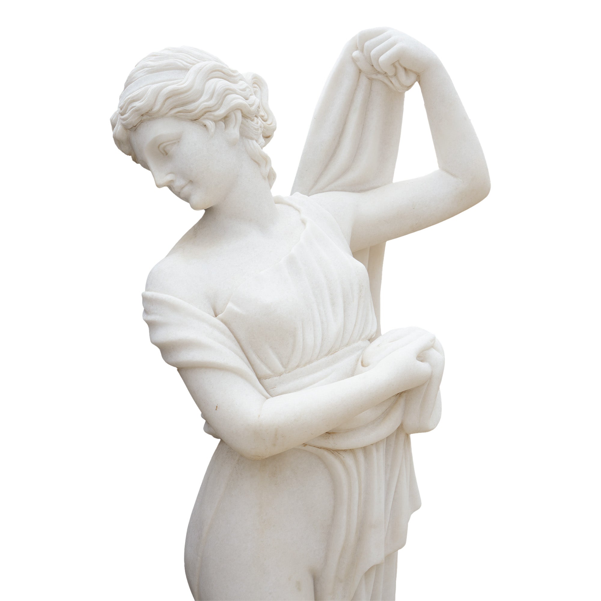 Neoclassical marble female statue portrait detail with raised arm and flowing drapery