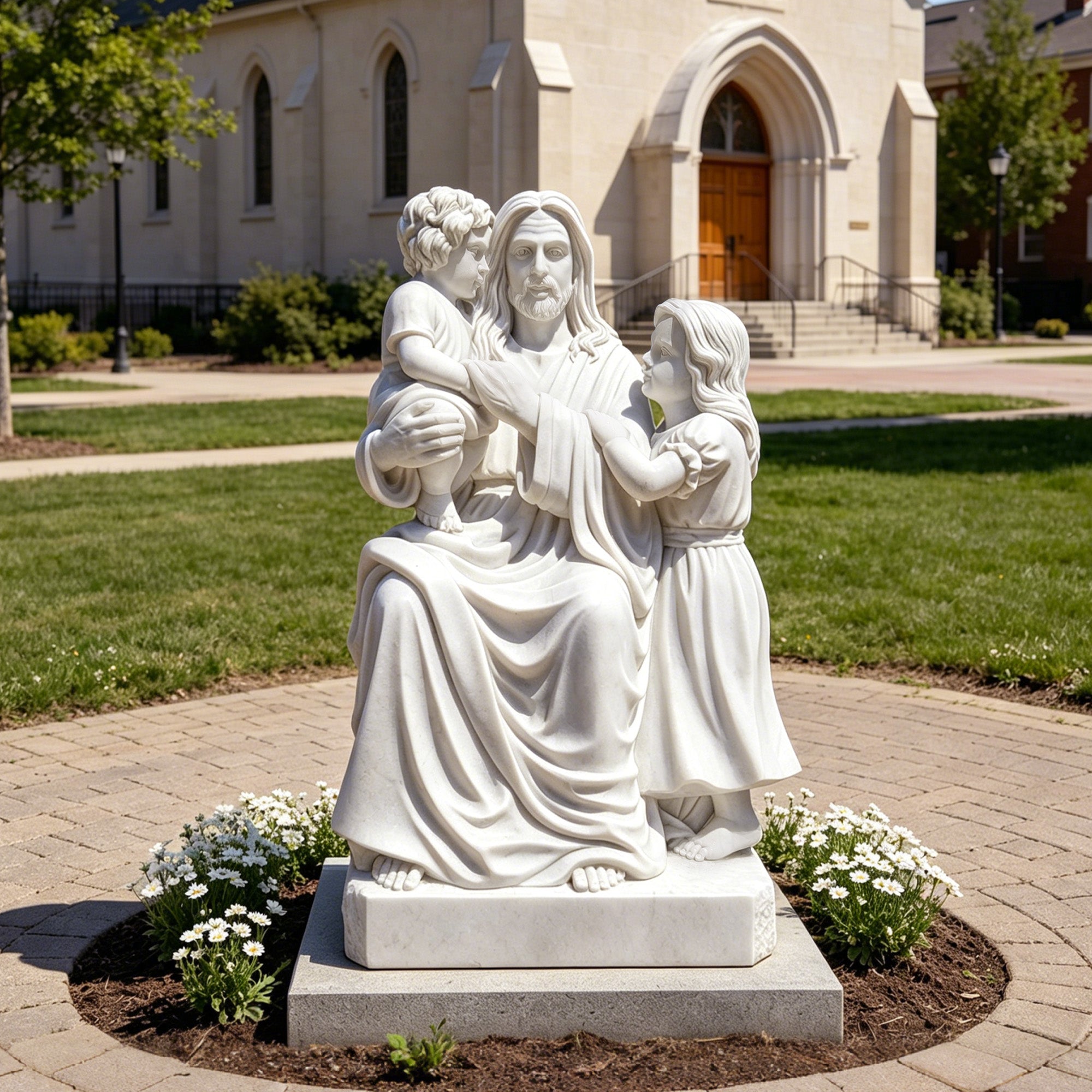 White marble Jesus blessing the children statue displayed in a church garden, inspired by Let the Little Children Come to Me, for Christian outdoor and prayer garden decor