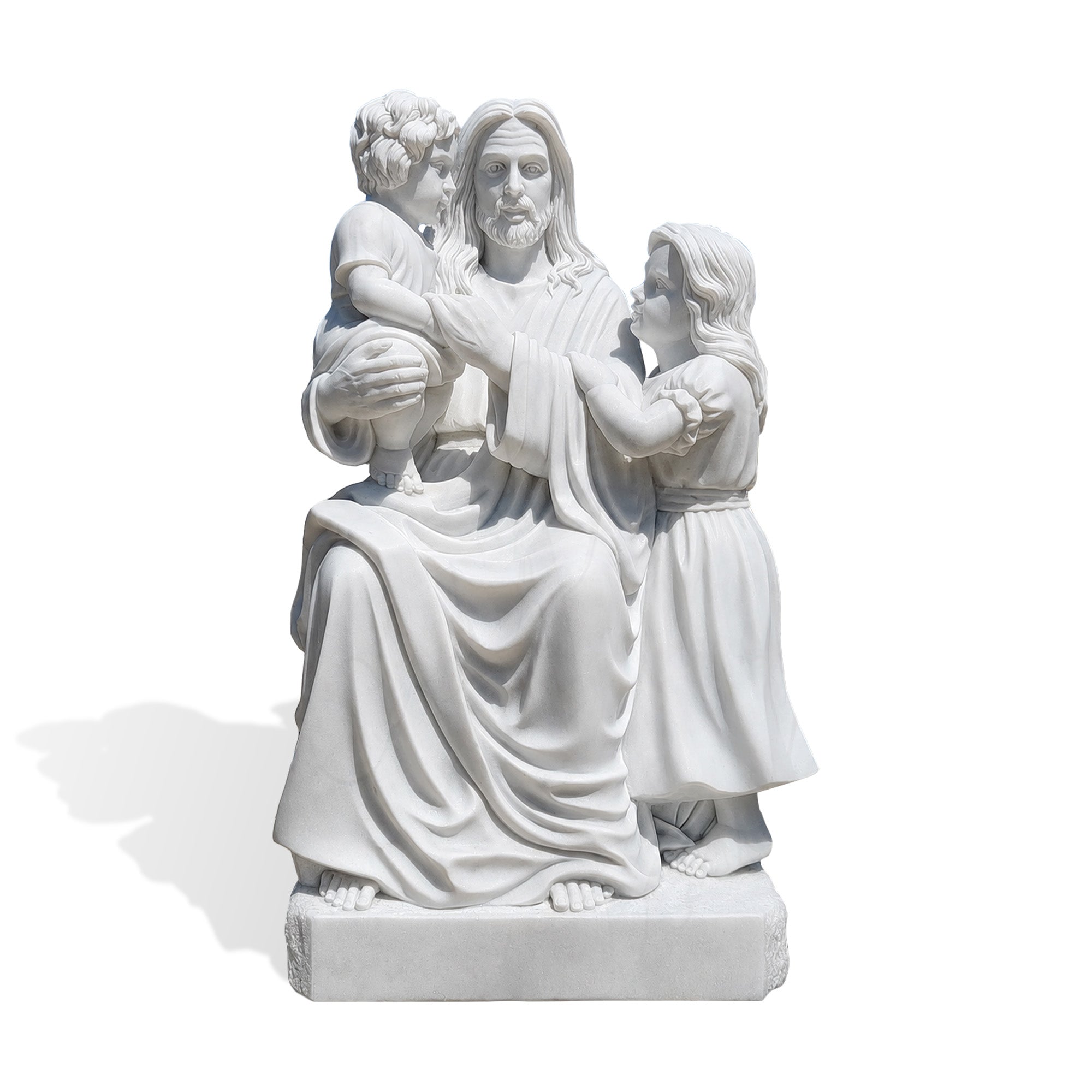 Hand carved white marble Let the Little Children Come to Me Jesus statue featuring Christ with two children for church, Christian school and prayer garden decor