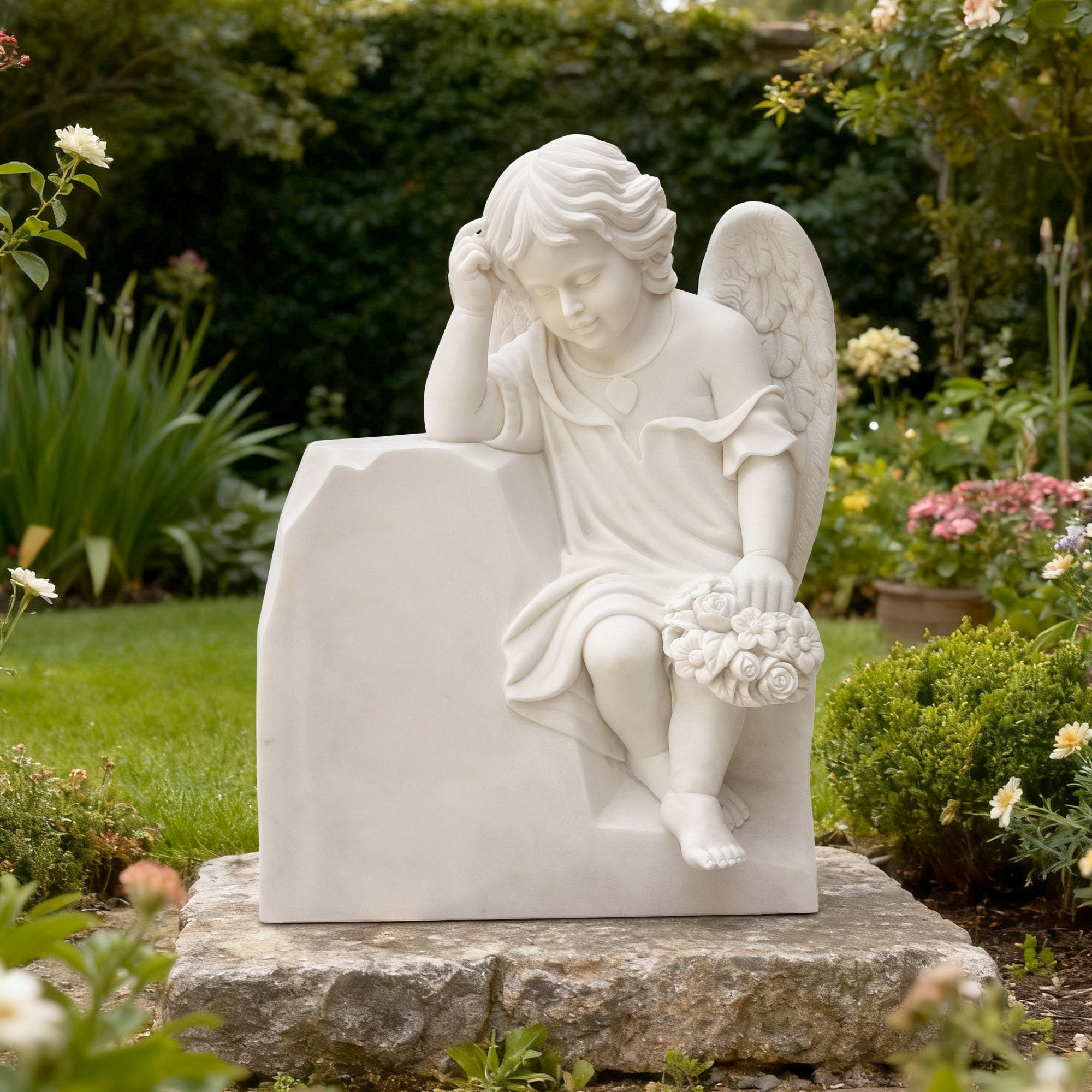 Marble angel sitting with a gentle expression, placed in a landscaped garden with flowers
