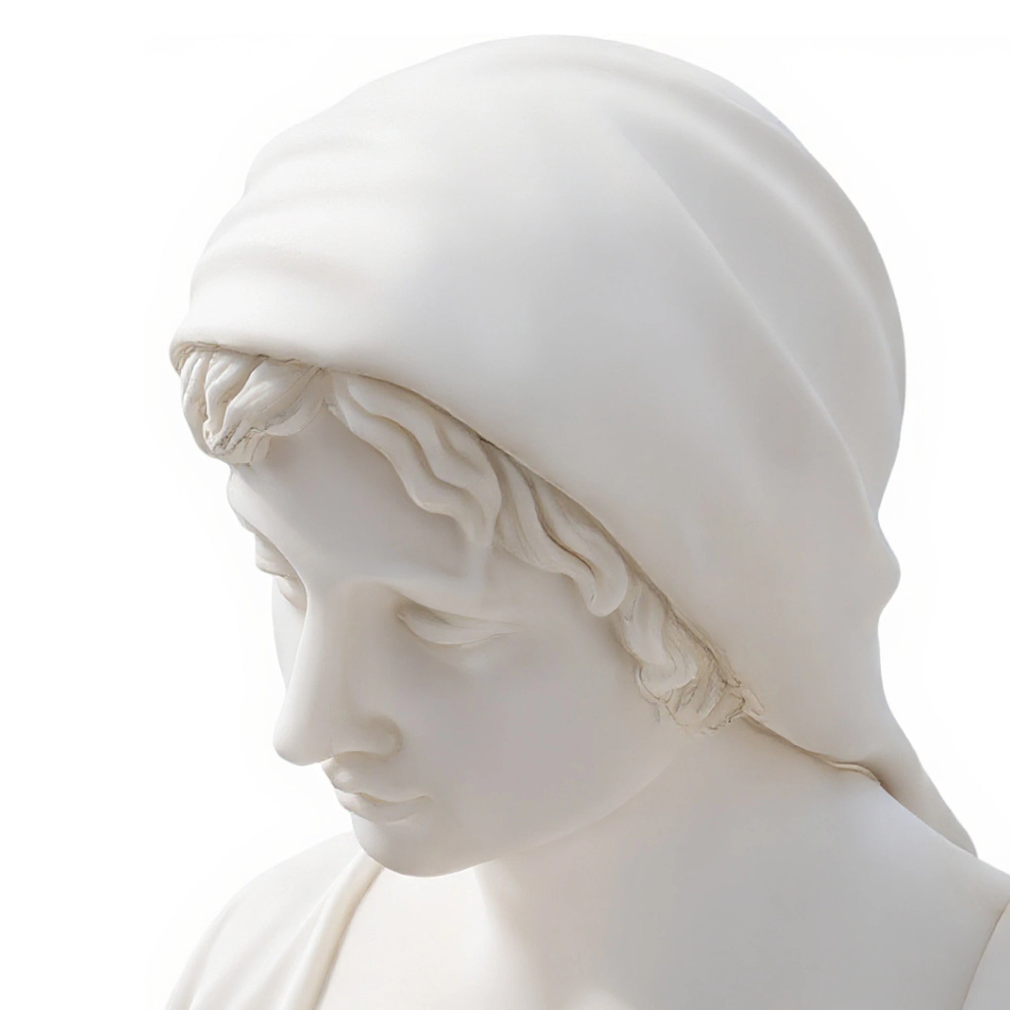 finely carved marble mother figure with headscarf expressing calm maternal tenderness in a classical mother and child statue