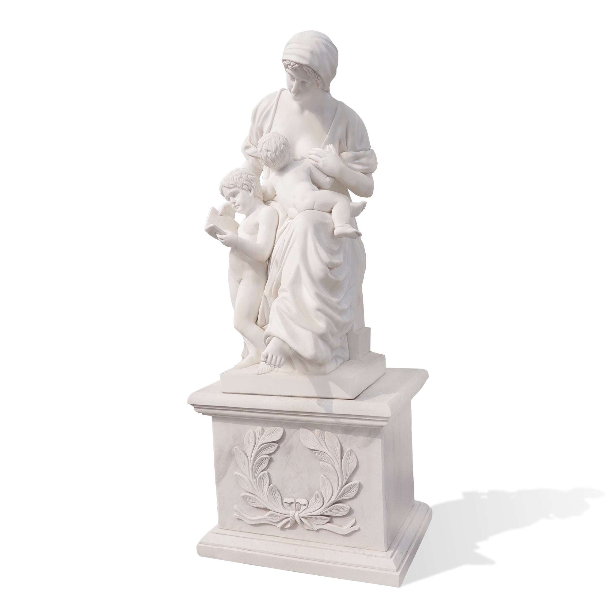 hand-carved white marble statue of a mother with children, symbolizing pure maternal love and family unity for elegant gardens and villas