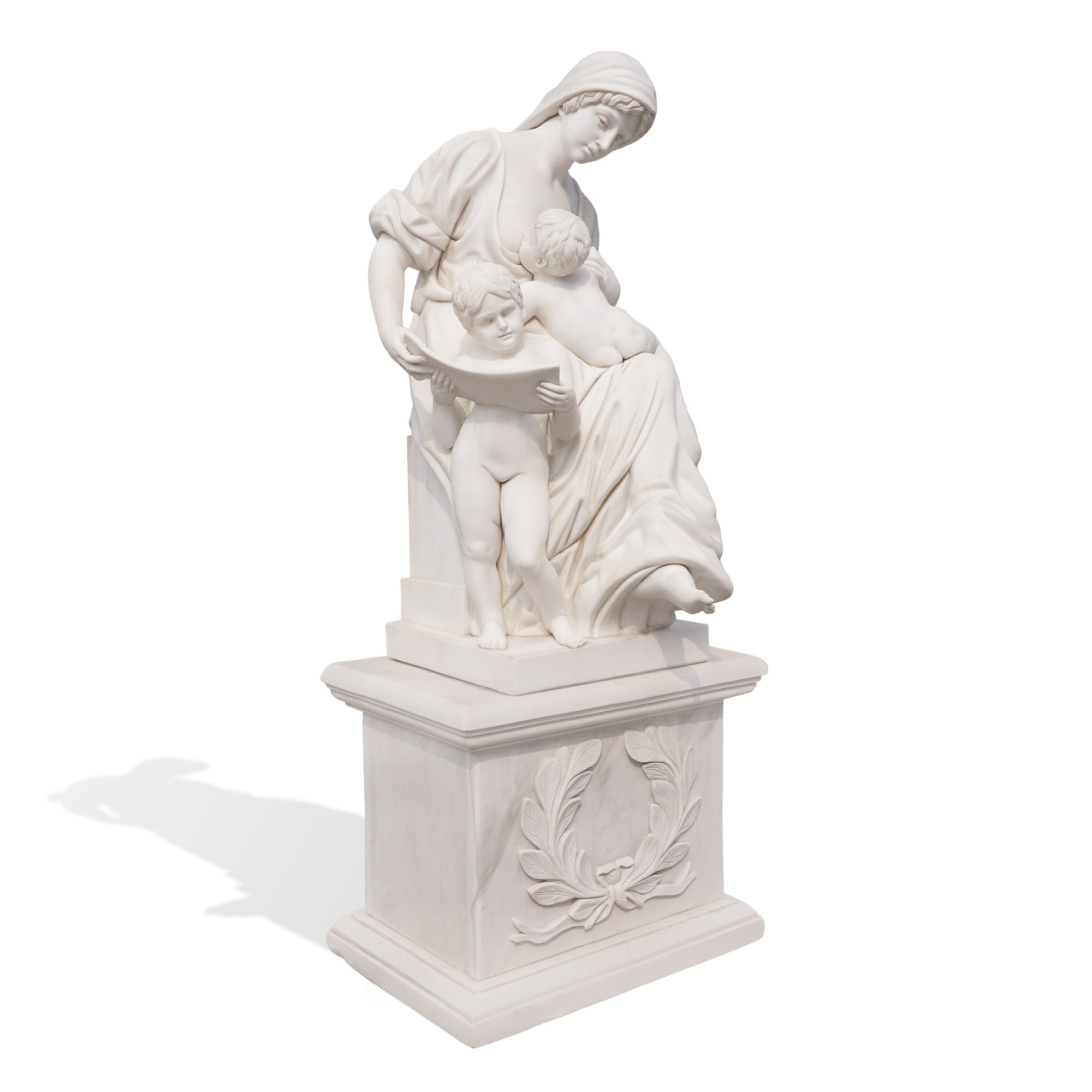 neoclassical white marble maternity sculpture representing charity, motherhood, and guidance in the style of Bartolini and Dubois