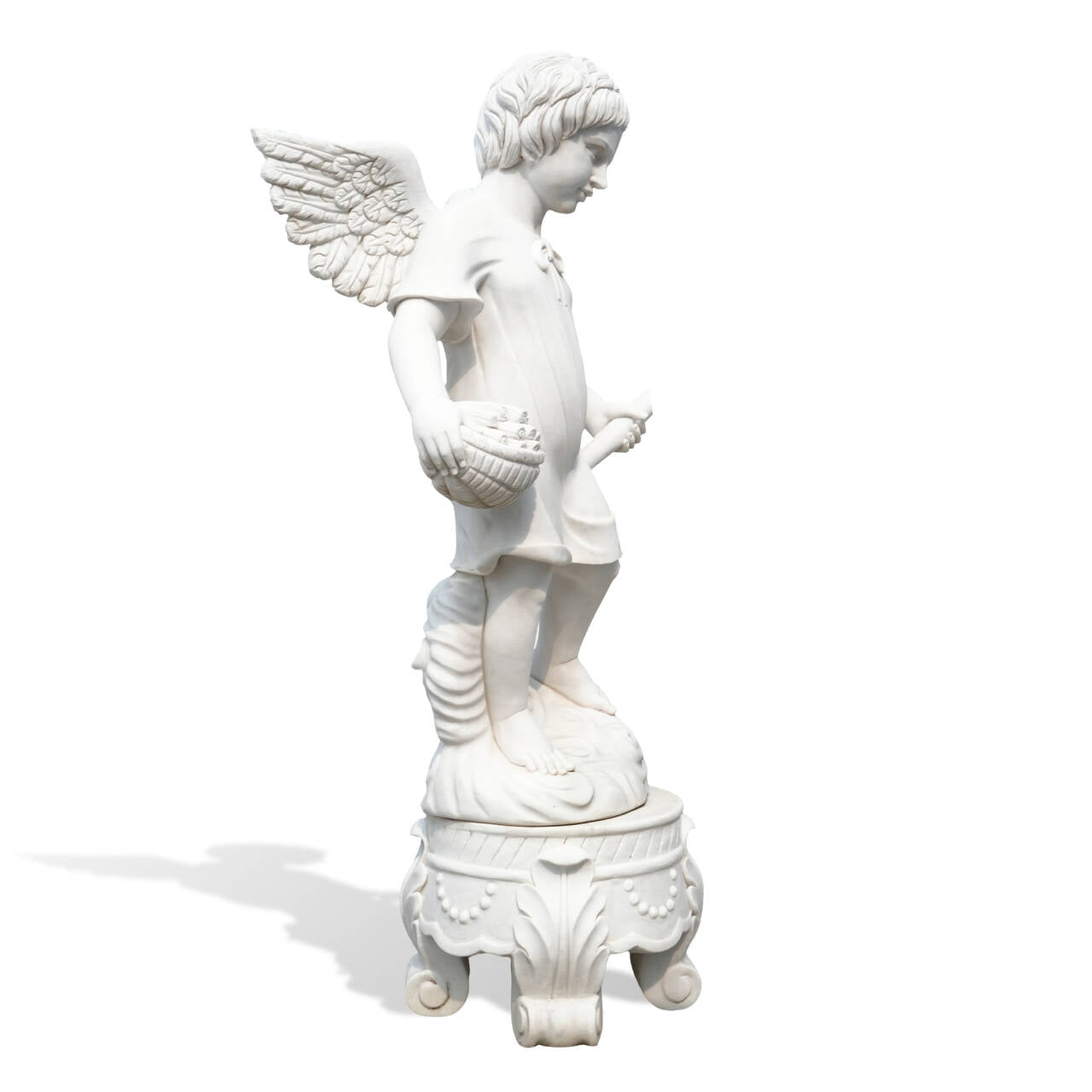 Side profile of a hand-carved marble angel statue showing delicate wings and gentle expression