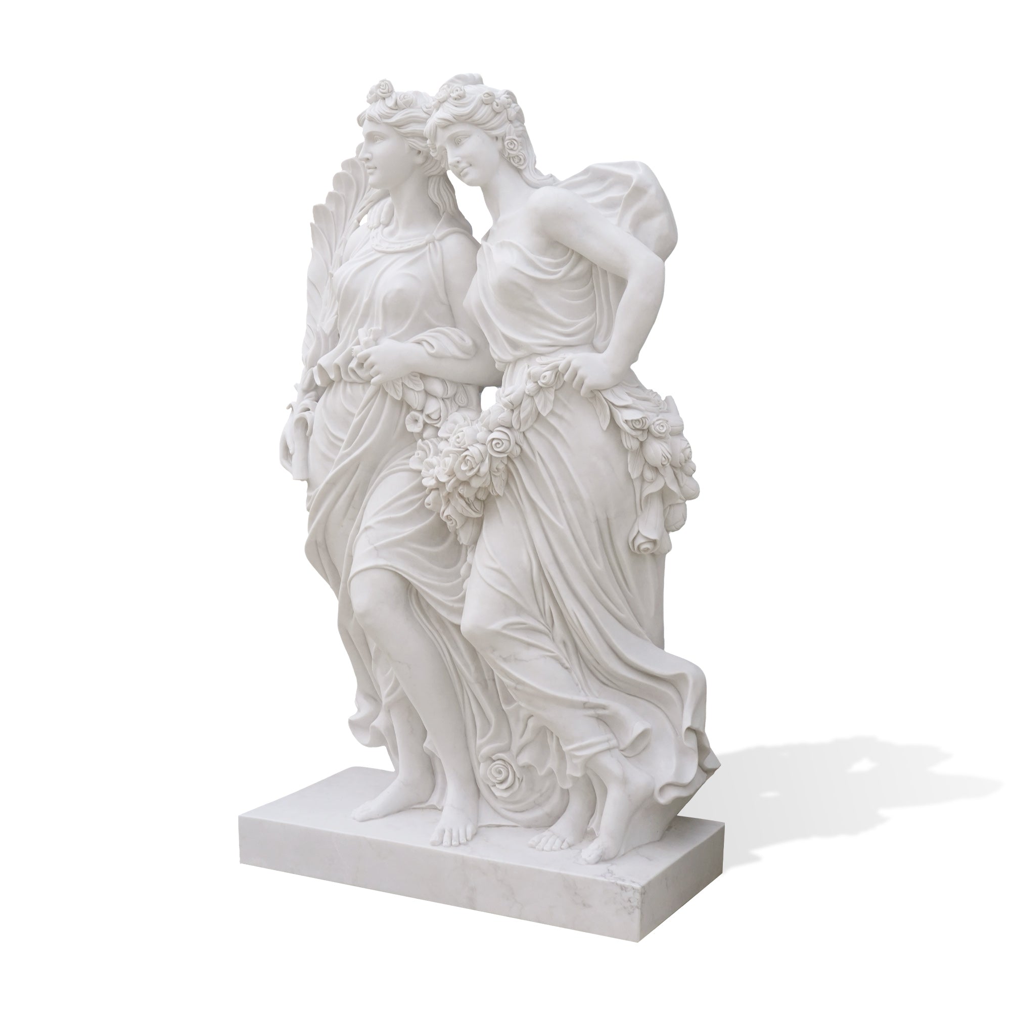 Allegoric marble sculpture of twin figures celebrating art, beauty, and inspiration for cultural and garden spaces.