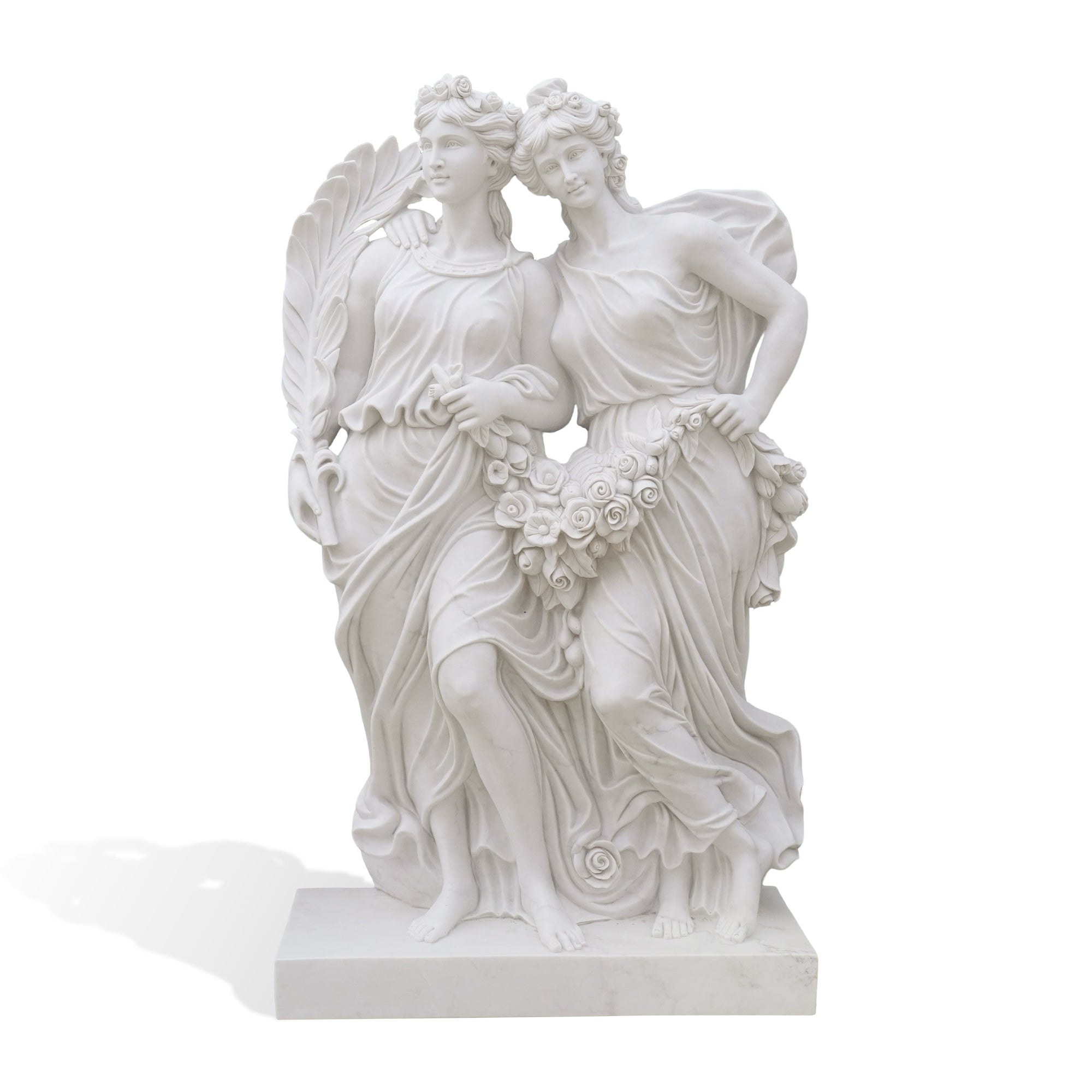 Two robed marble sisters joined by a garland of roses, expressing unity, beauty, and timeless artistic devotion.
