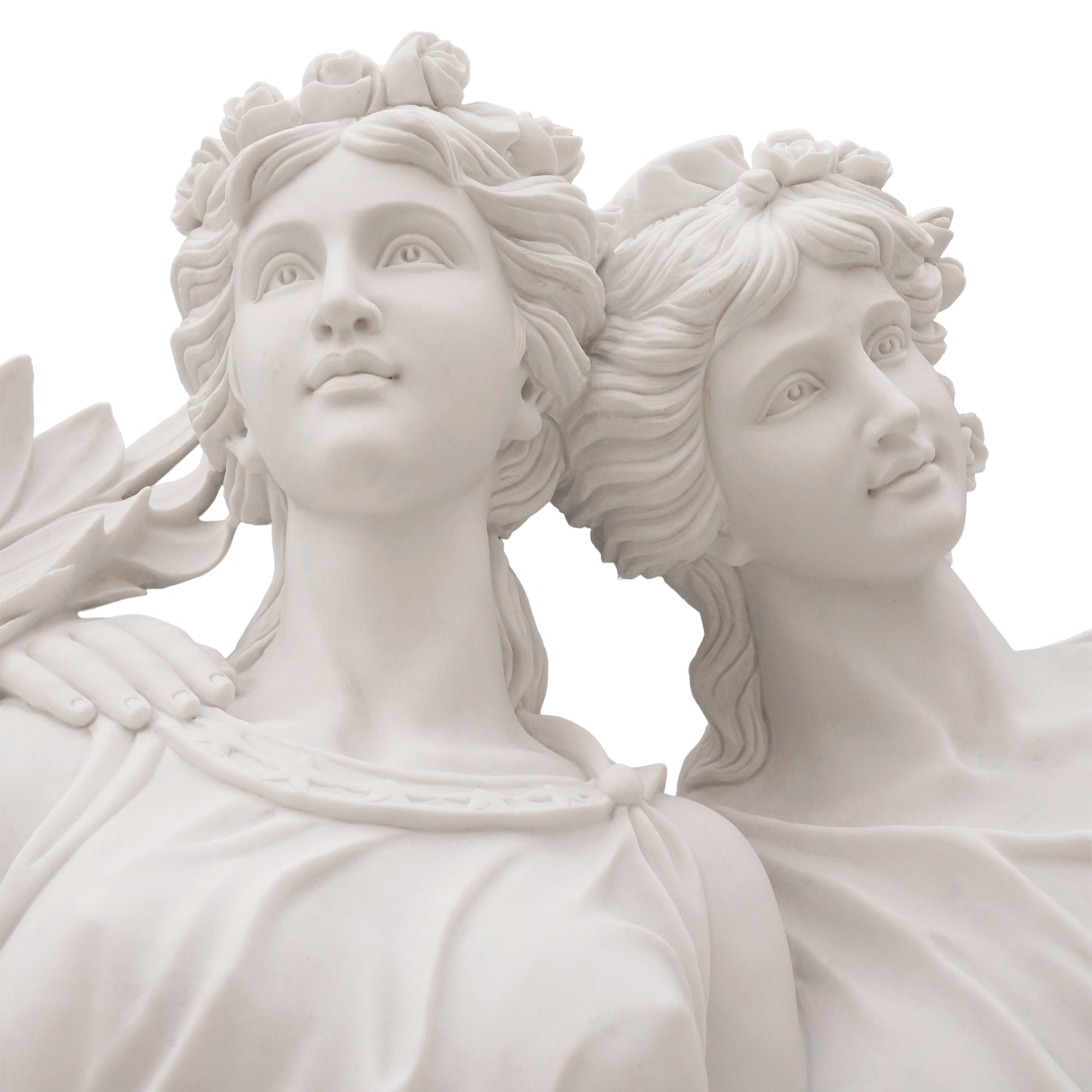 Close-up of the Music and Inspiration replica sculpture, hand-carved in marble to capture the serene beauty of Bistolfi’s original work in Mexico.