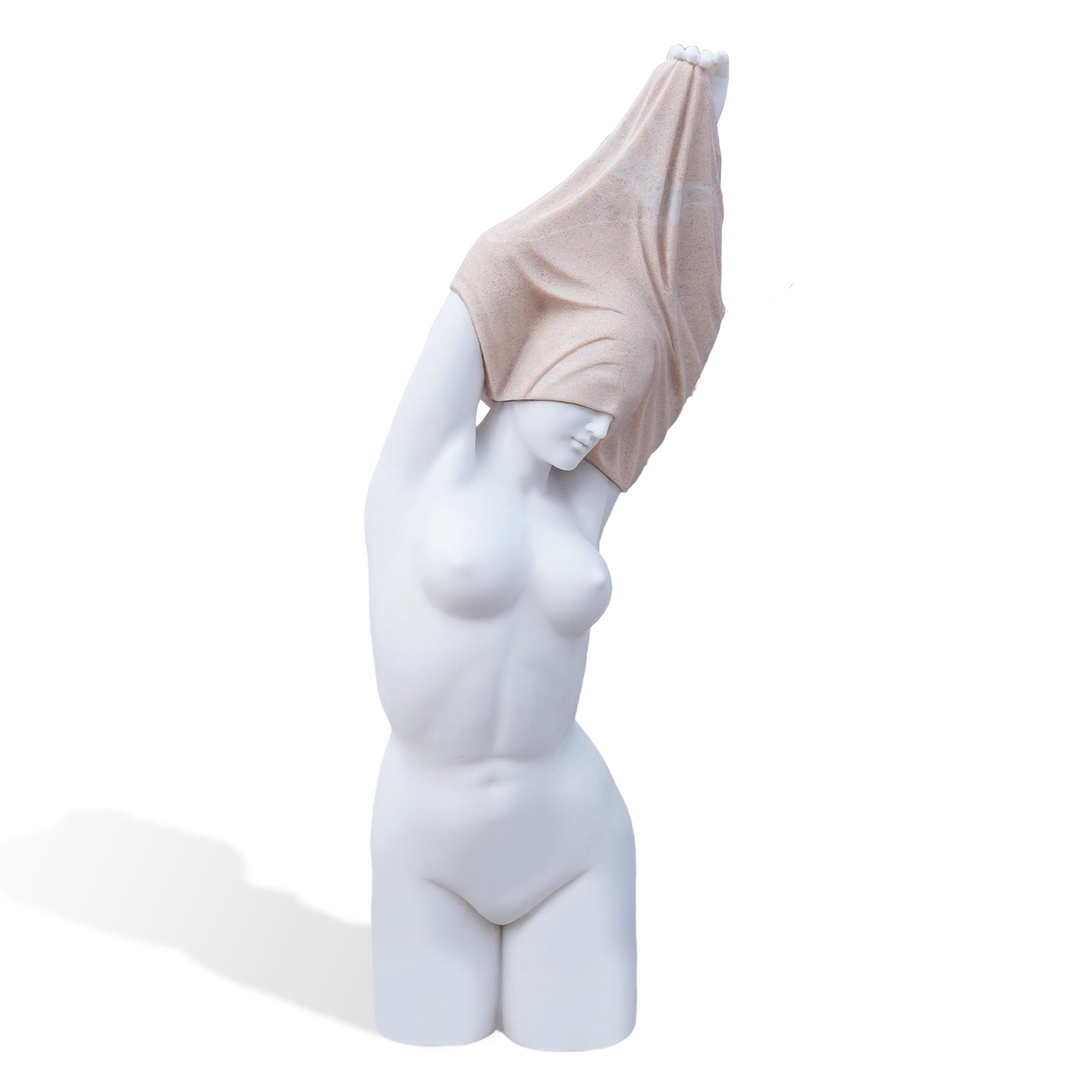 Three-quarter view of the “Naked Woman” replica, white marble torso lifting a granite garment in a poised, intimate gesture.