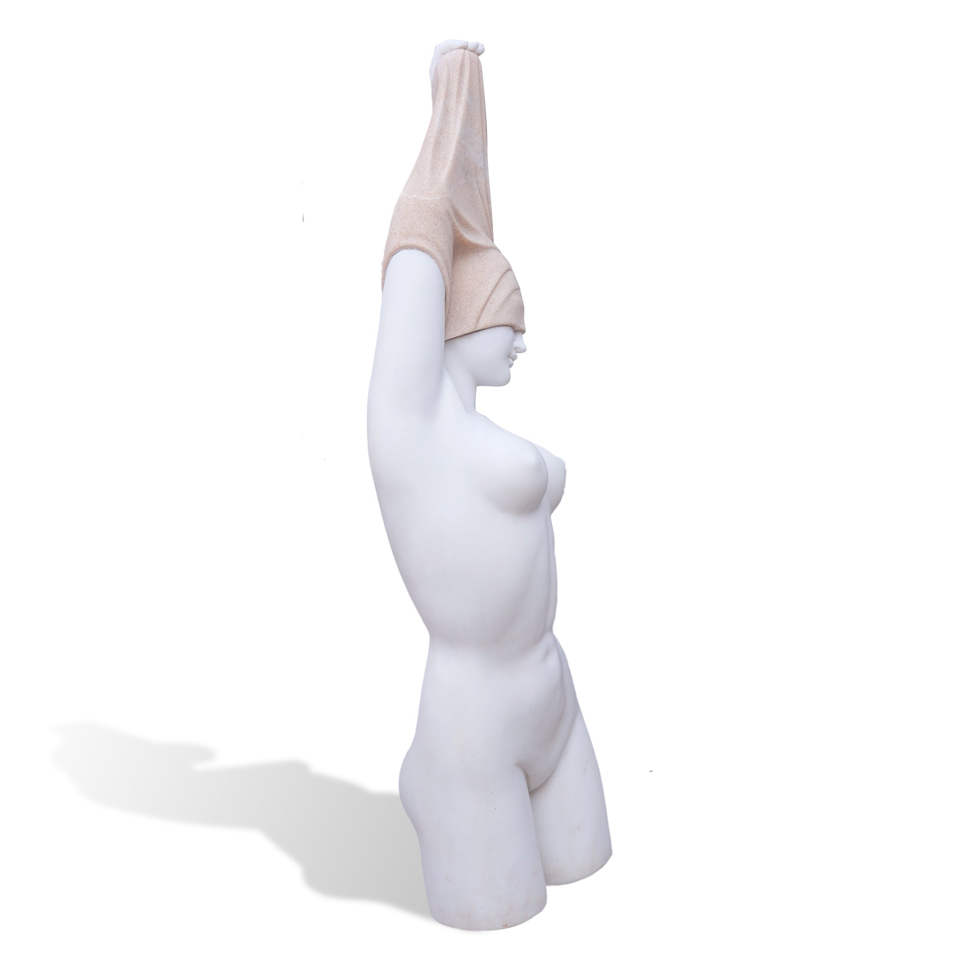 Side view of the replica torso portrait, smooth white marble anatomy contrasted by sesame red granite garment lifted over the head.