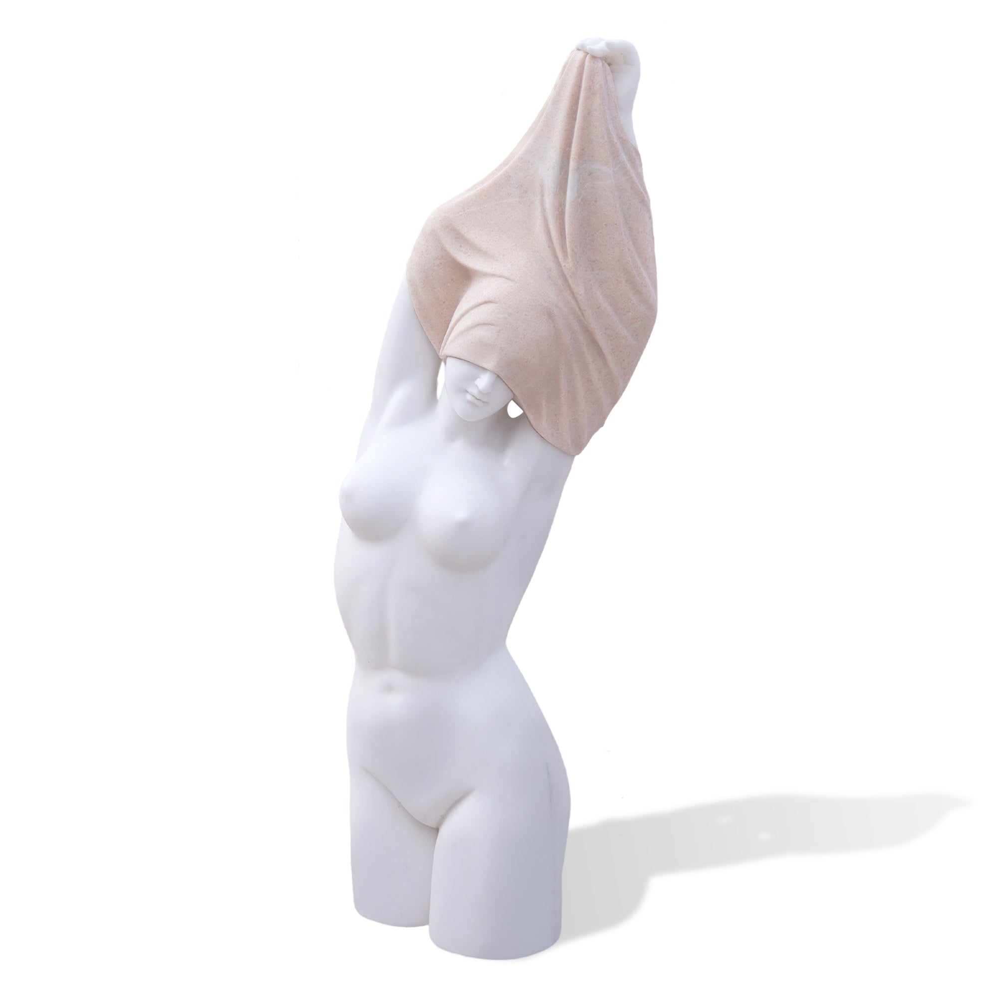 Replica of “Naked Woman” showing a serene female torso undressing, white marble body with sesame red granite drapery.