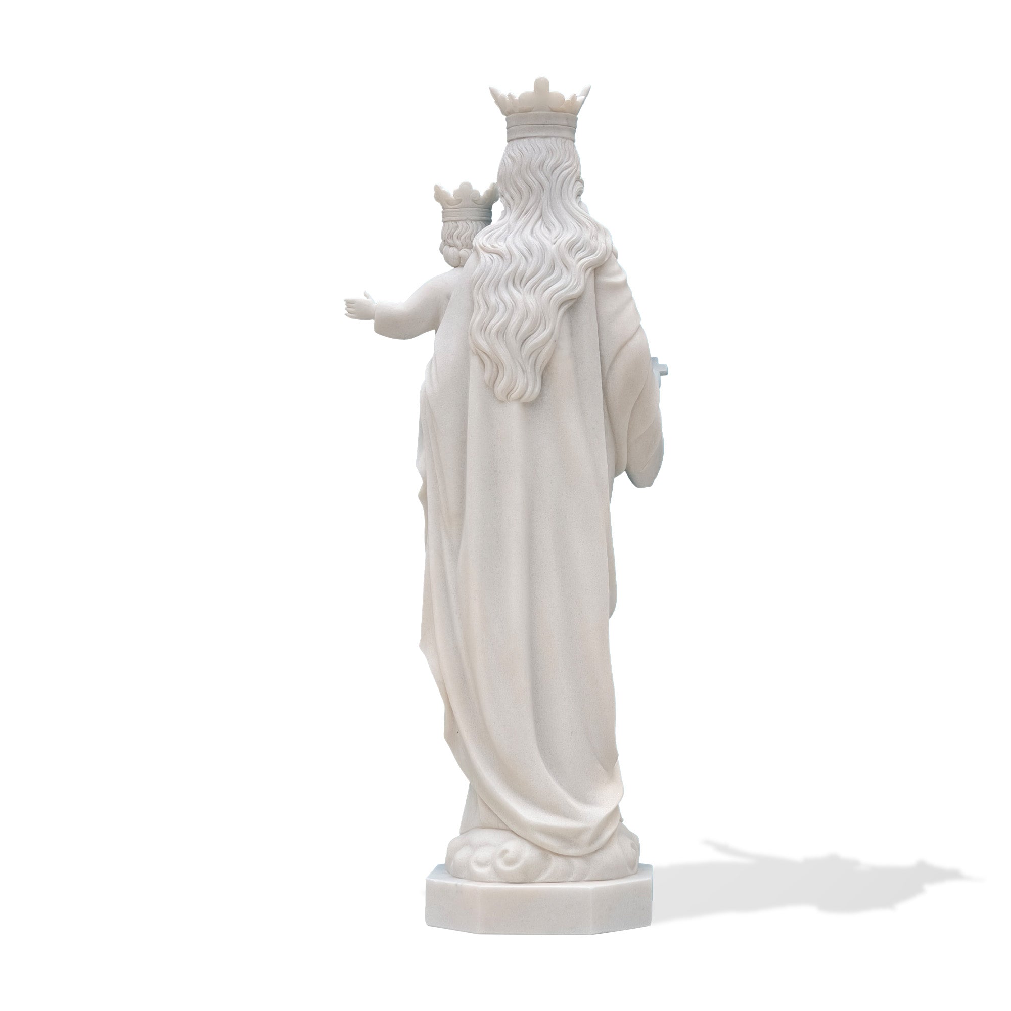 Rear view of the Mary Help of Christians statue, emphasizing the elegant carved hair and folds of her robe.